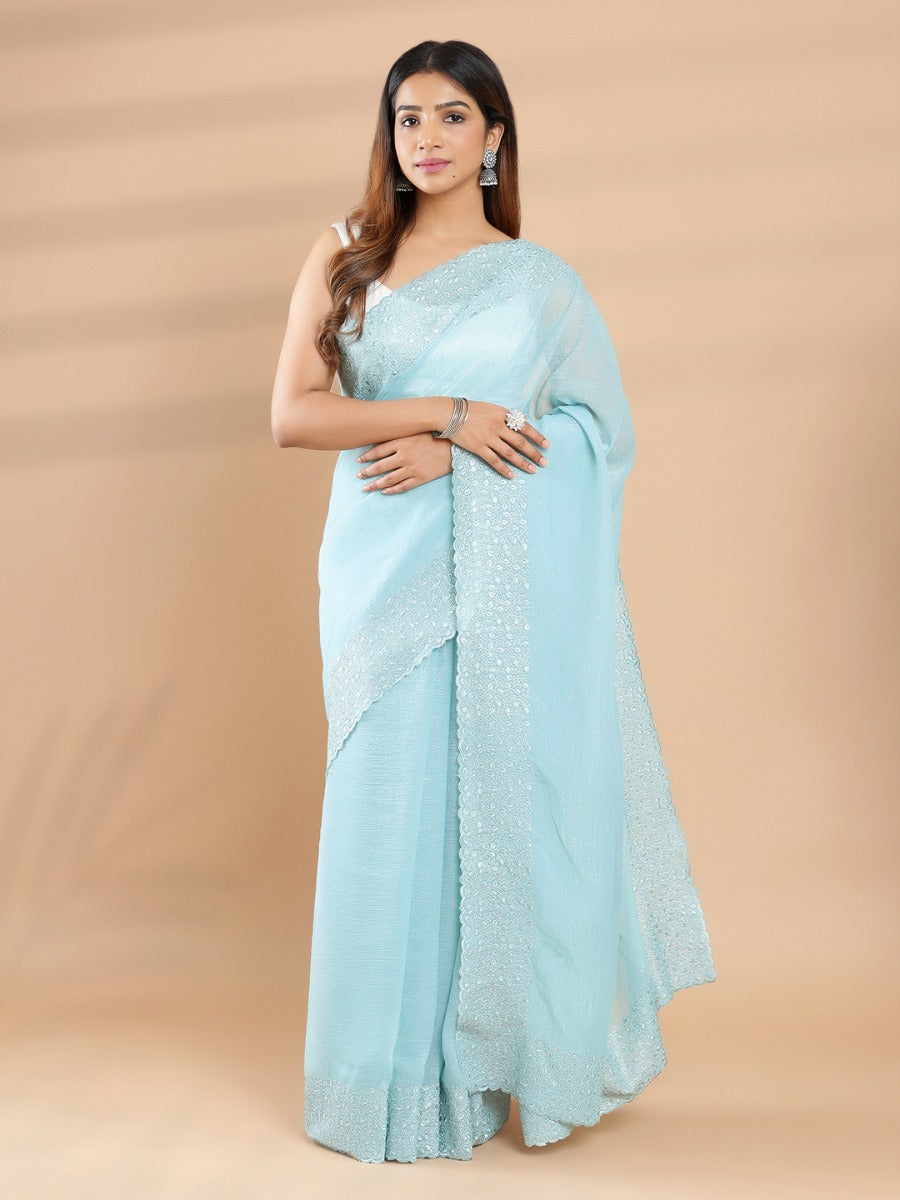 Light Sea Blue Color Crush Organza Saree With Mini Stone Work