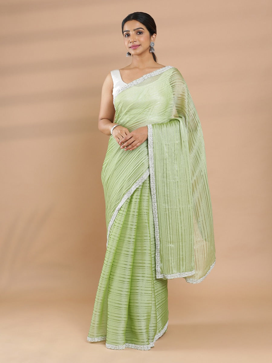 Pista Green Color Georgette Saree With Self Stripe Design  & Beads Worked Border