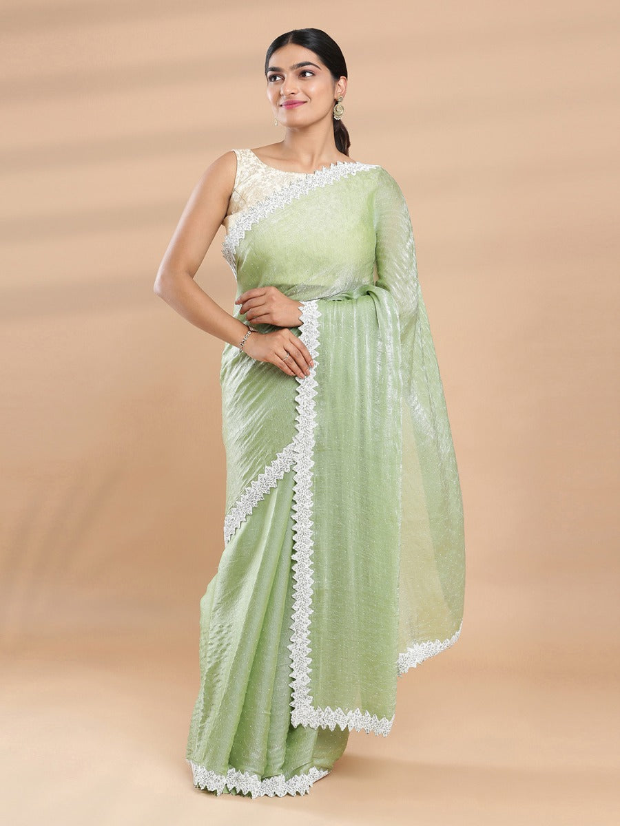 Pista Green Color Crushed Organza Saree With White Sugar Beads & Tube Beads Worked Border