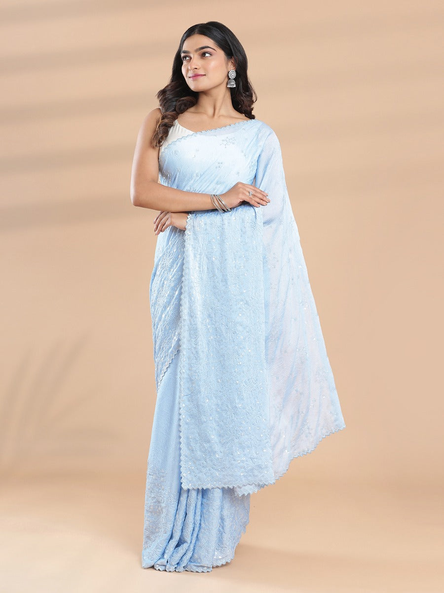 Powder Blue Color Crushed Chiffon Saree With Thread & Sequence Work
