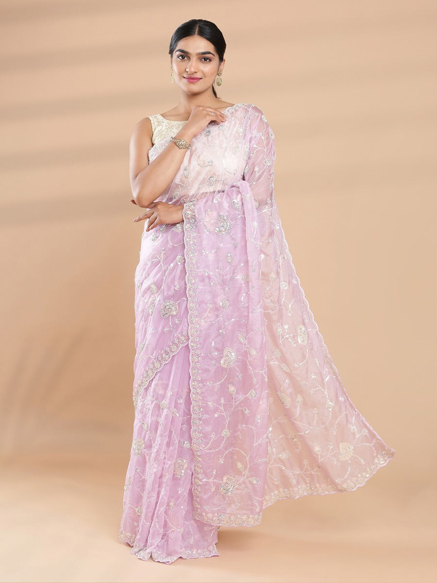 Pale Lavender Color Organza Saree With Spreaded Beads And Sequence Work