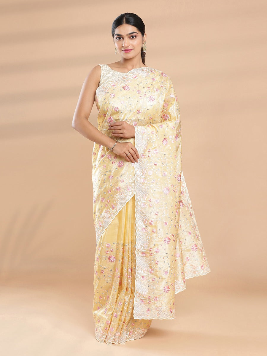 Yellow Color Organza Saree With Floral Embroidery Design