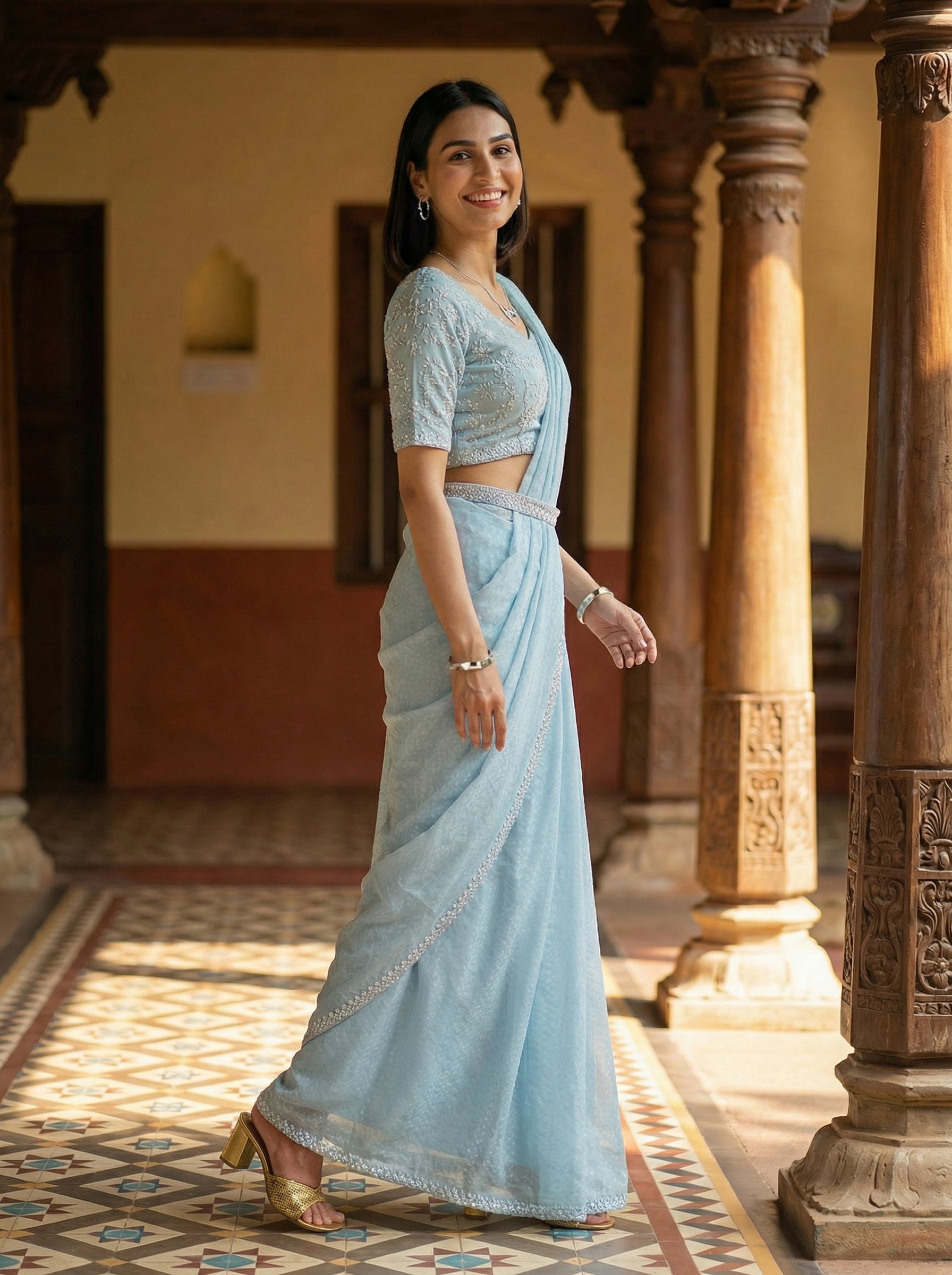 Satin Sky Blue Festive Ready to Wear Stone Saree with Stylish Blouse