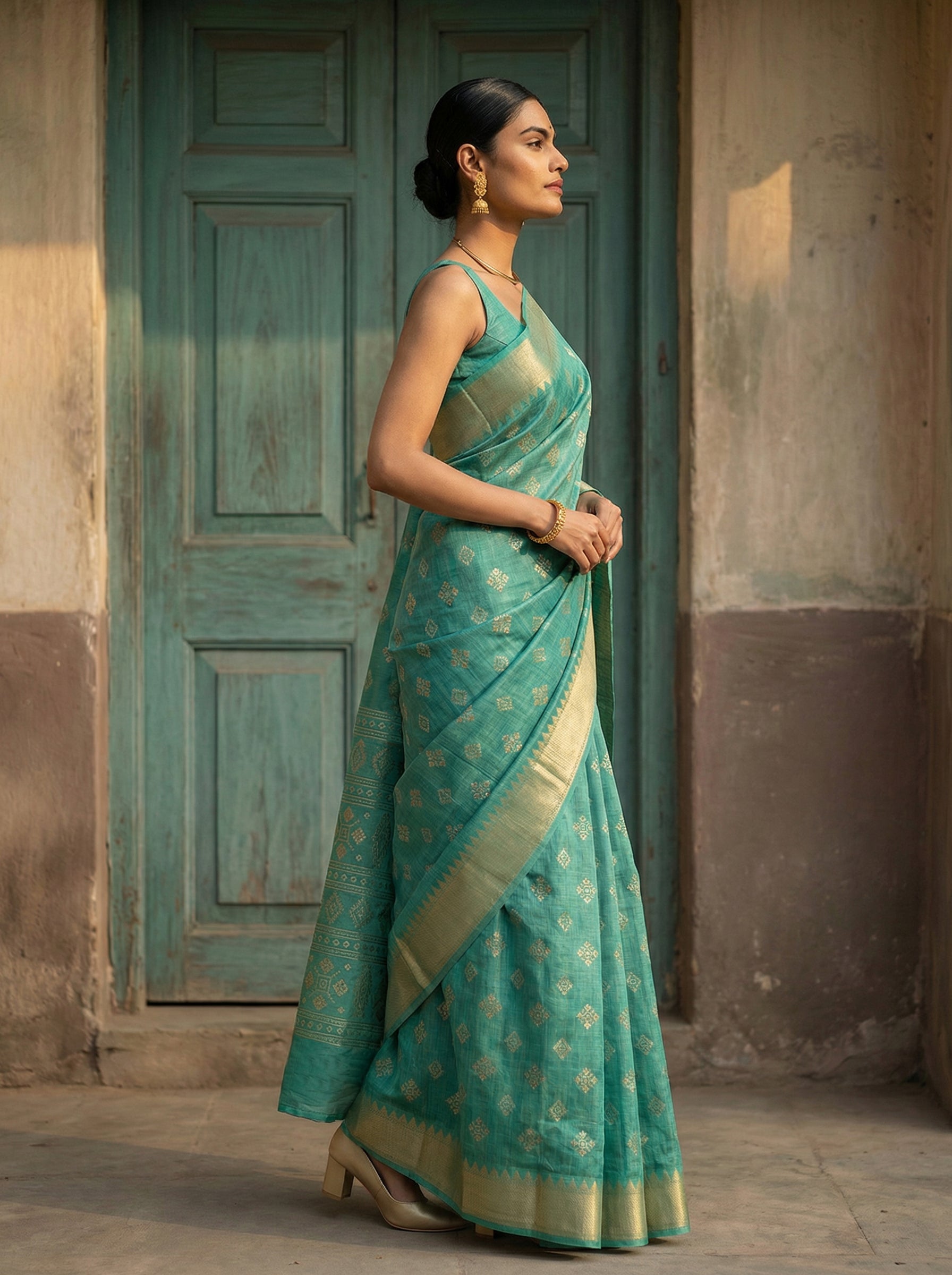 Synthetic Sea Green Saree with Gold Woven Motifs