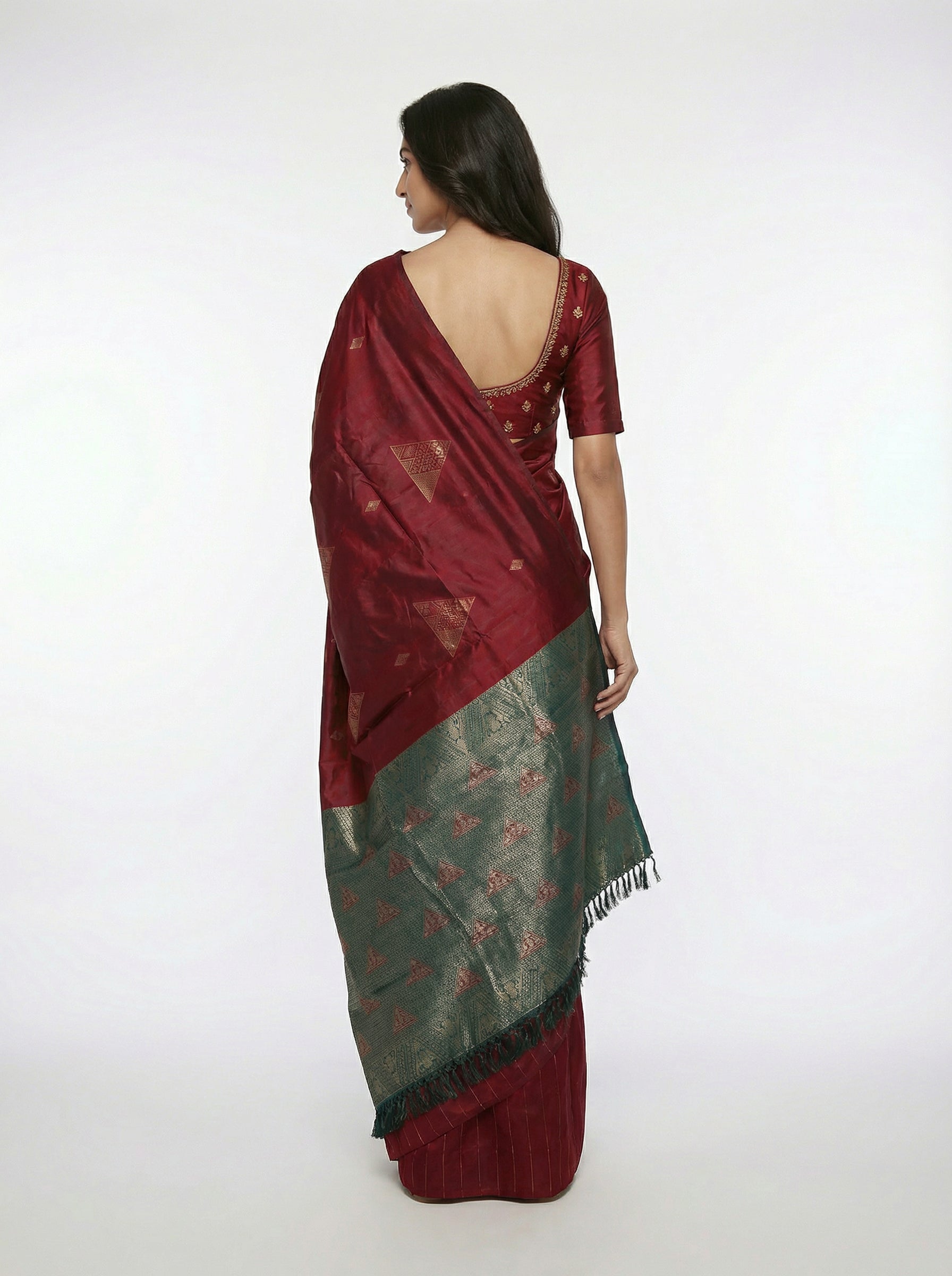 Semi Silk Elegant Maroon Saree with Bottle Green Contrast Blouse