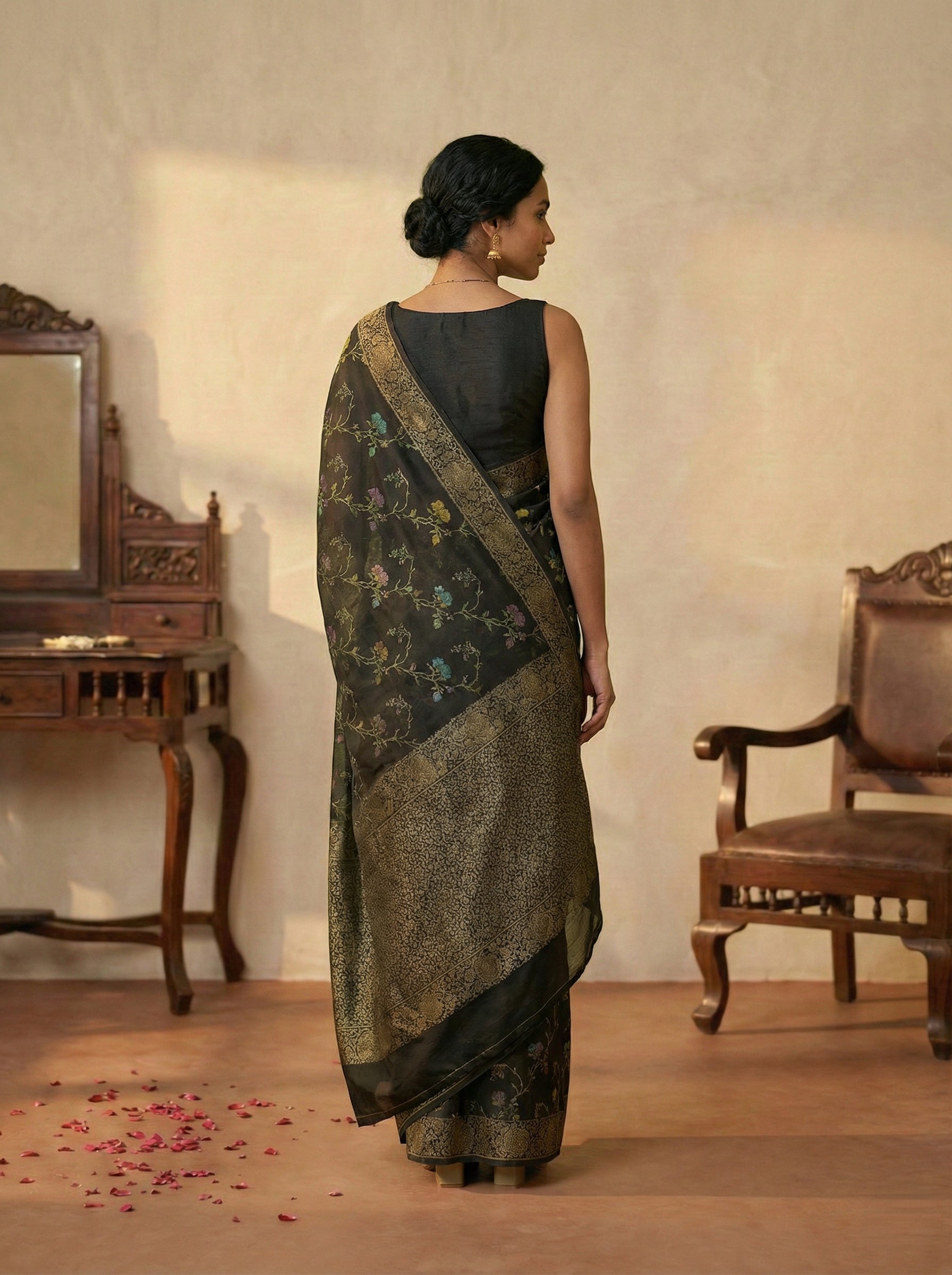 Jute Noir Black Antique Floral Saree