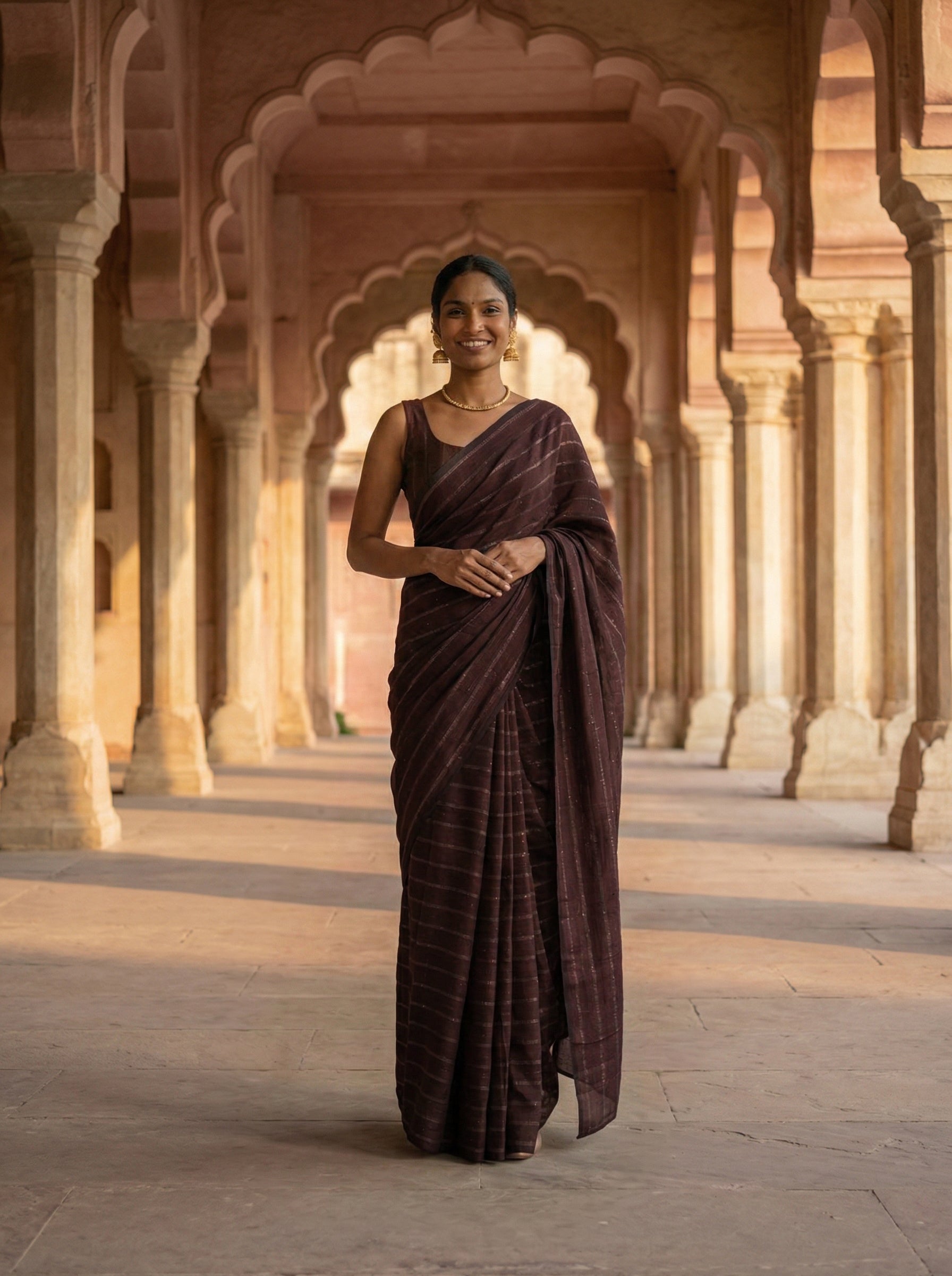 Synthetic Dark Maroon Saree with Minimal Stripe Work