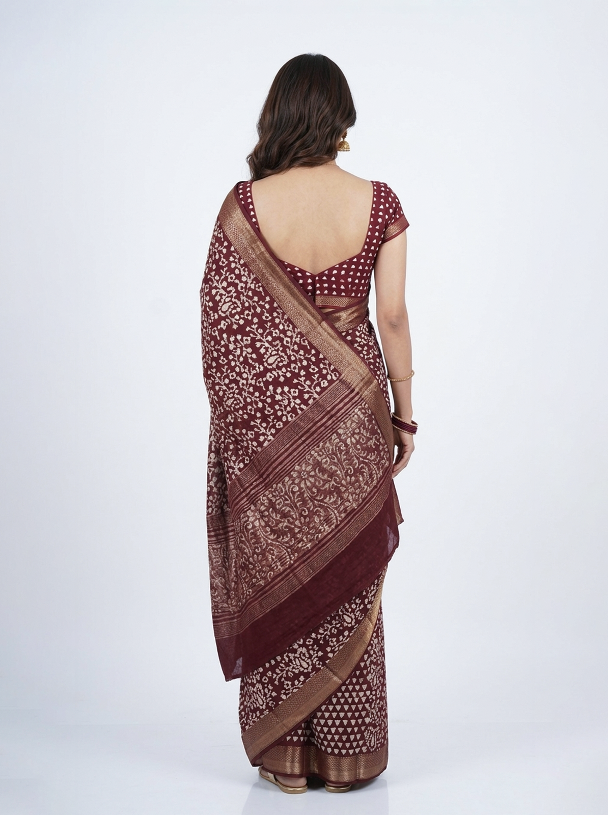 Chanderi Cotton Maroon Printed Saree with Zari Border