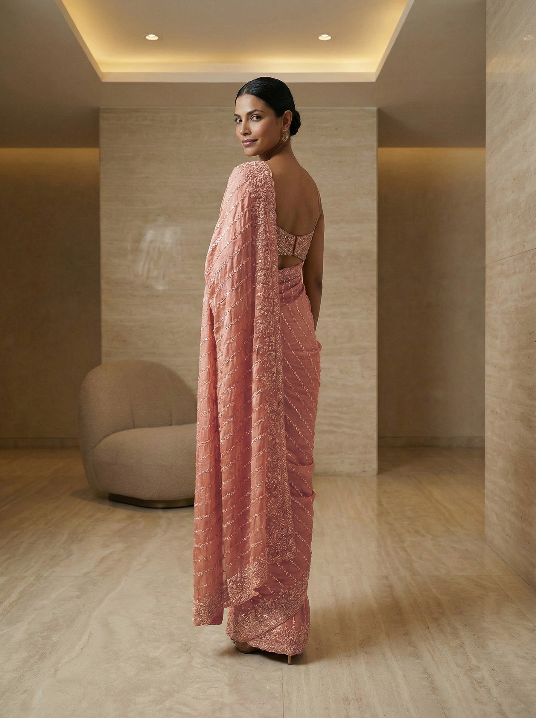 Organza Dusty Rose Pink Zari Stripe Designer Saree