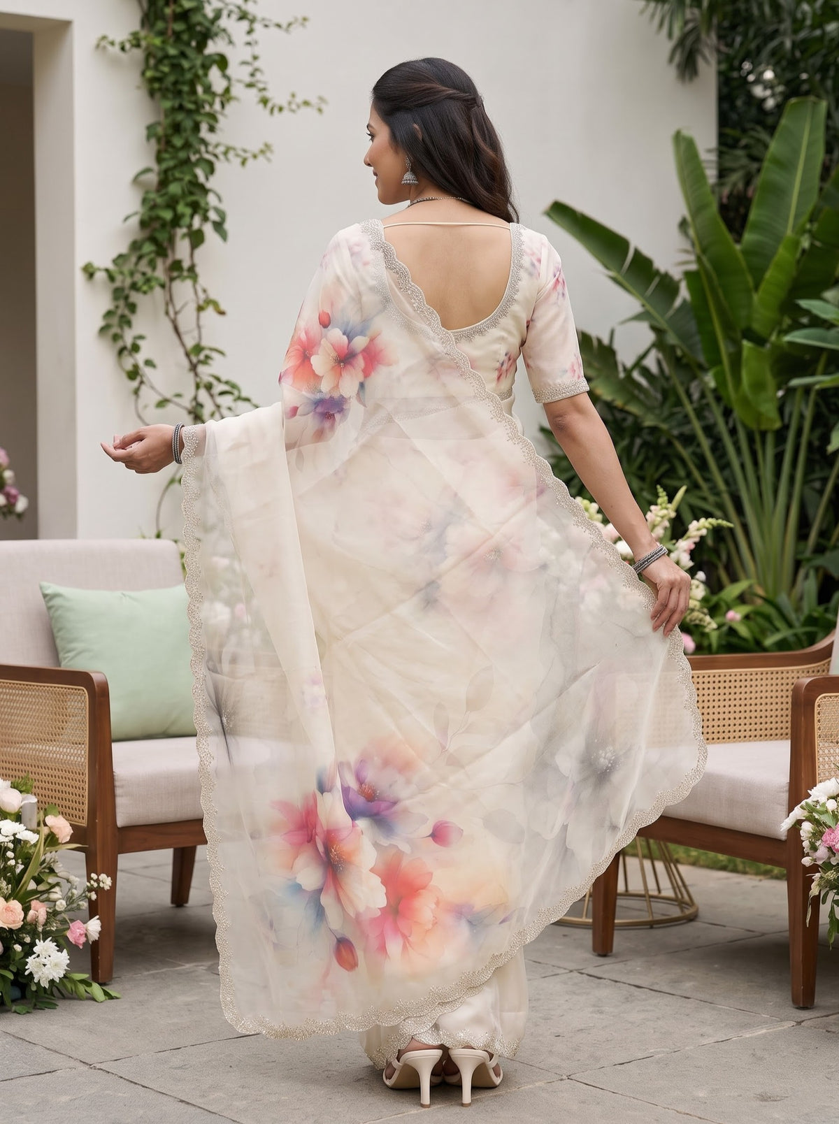 Organza Cream Saree with Watercolor Floral Print and Stone Work Scalloped Border