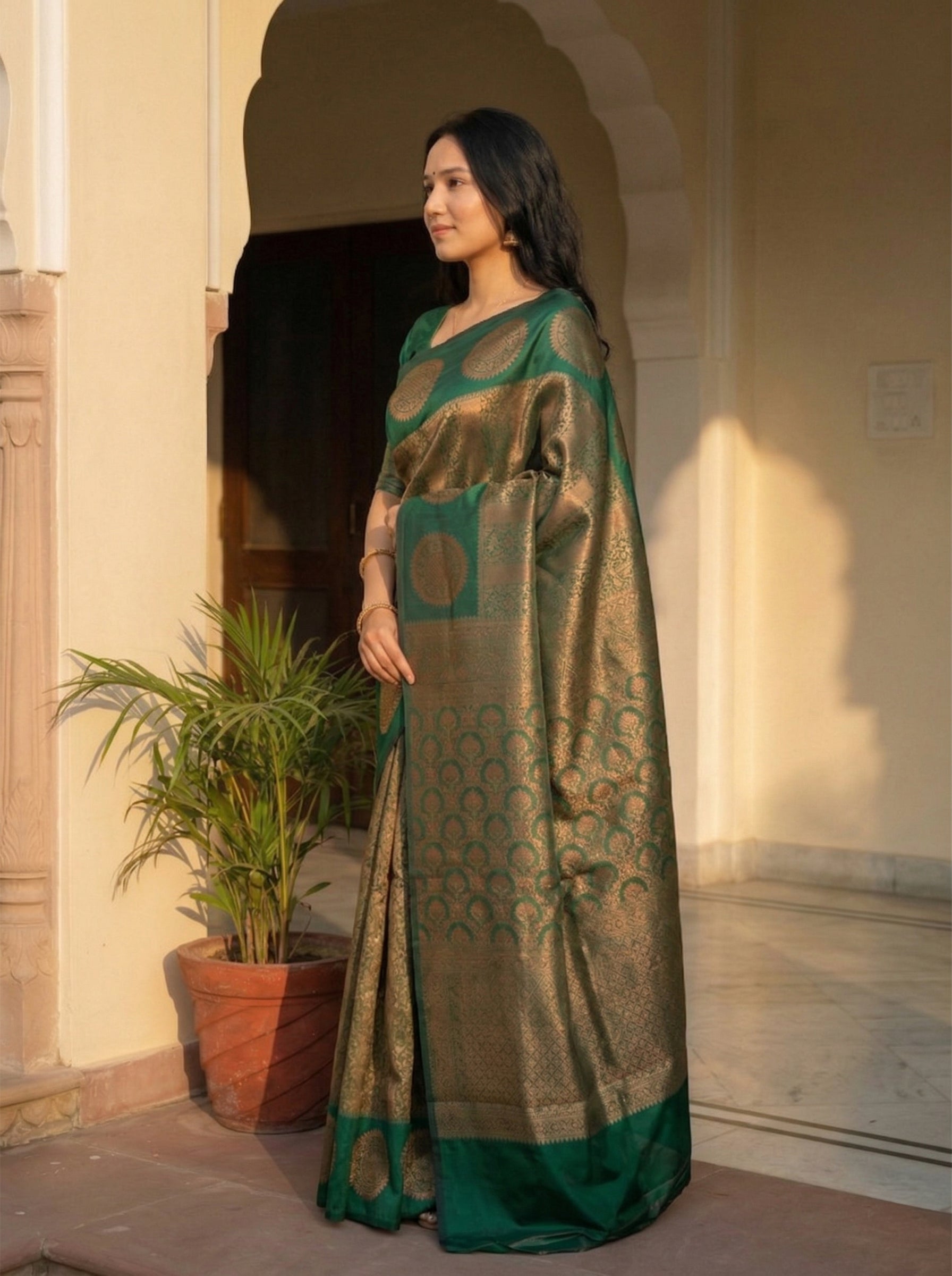 Semi Silk Emerald Green Copper Zari Woven Traditional Saree