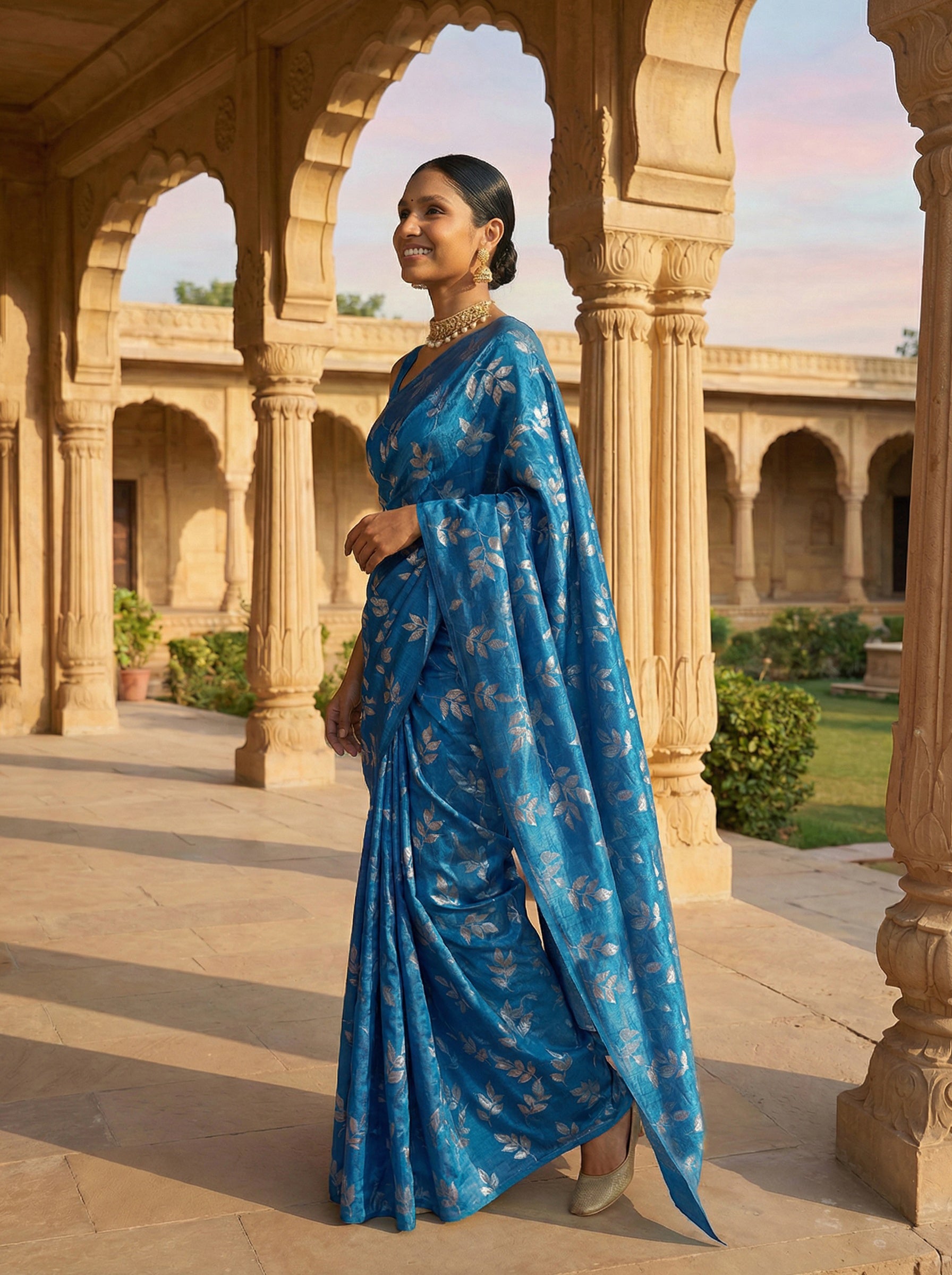 Synthetic Blue Saree with Nature-Inspired Botanical Design