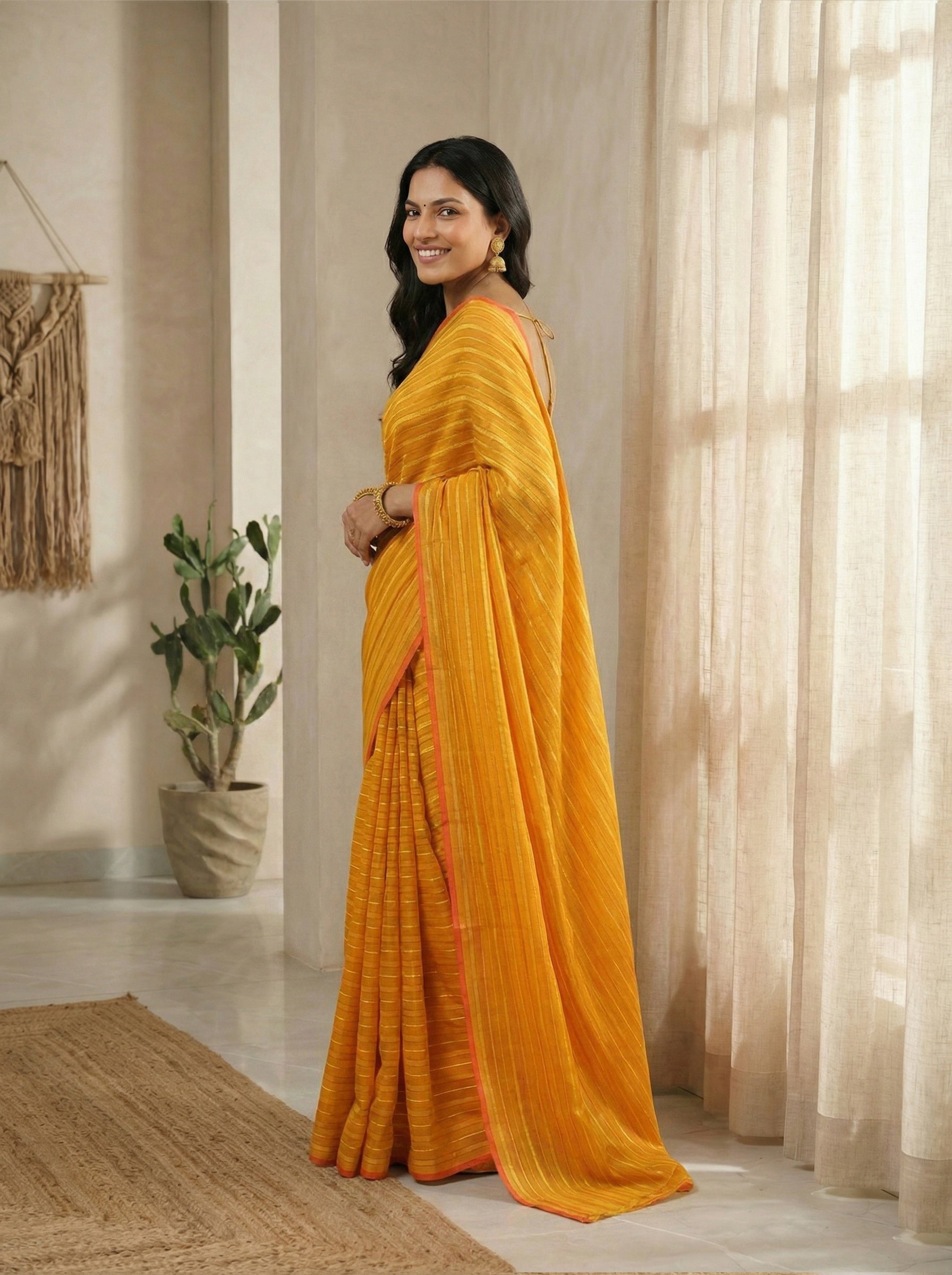 Synthetic Yellow Orange Saree with Classic Striped Pattern