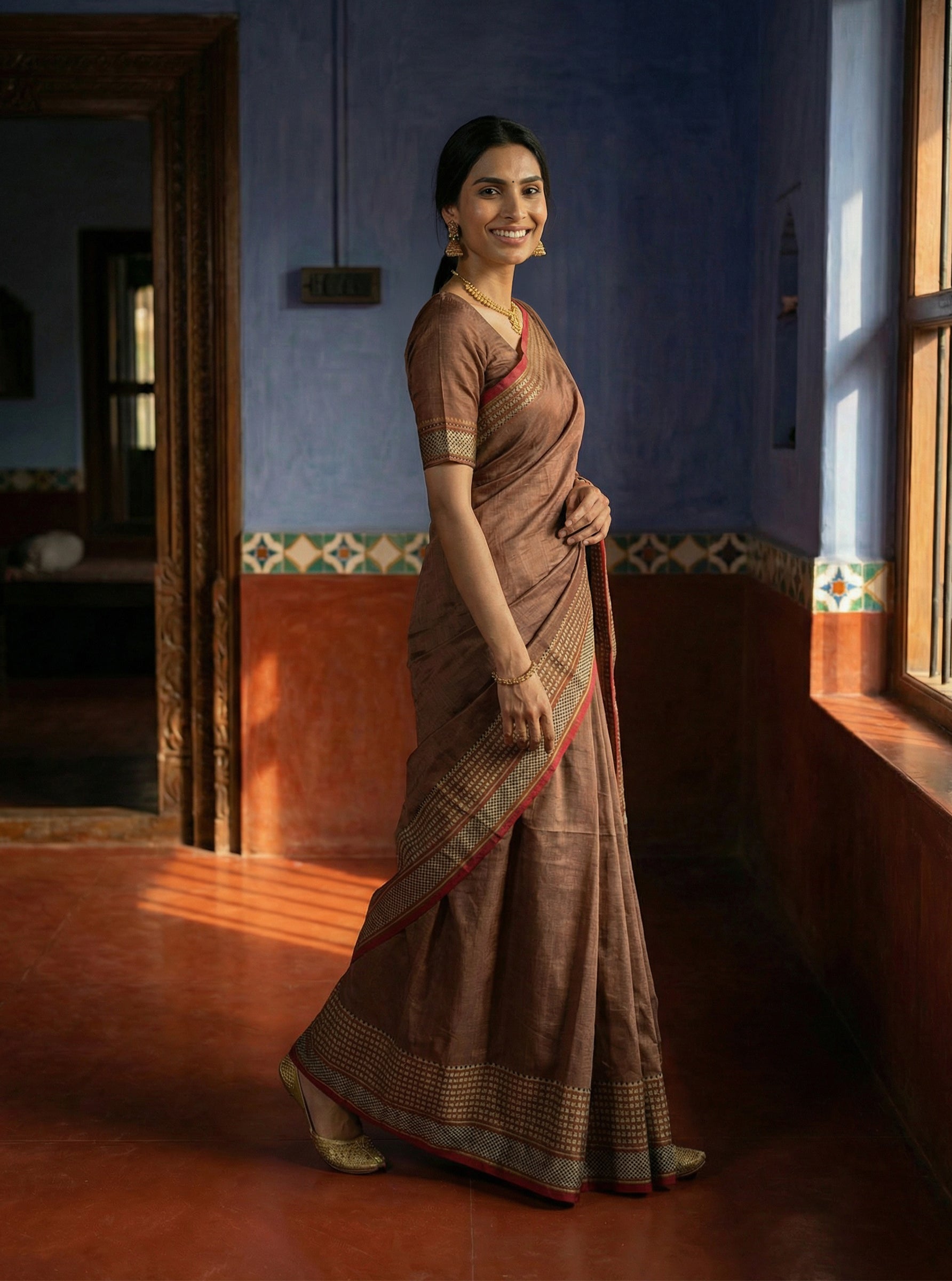 Cotton Chocolate Brown Saree with Antique Gold Zari Border