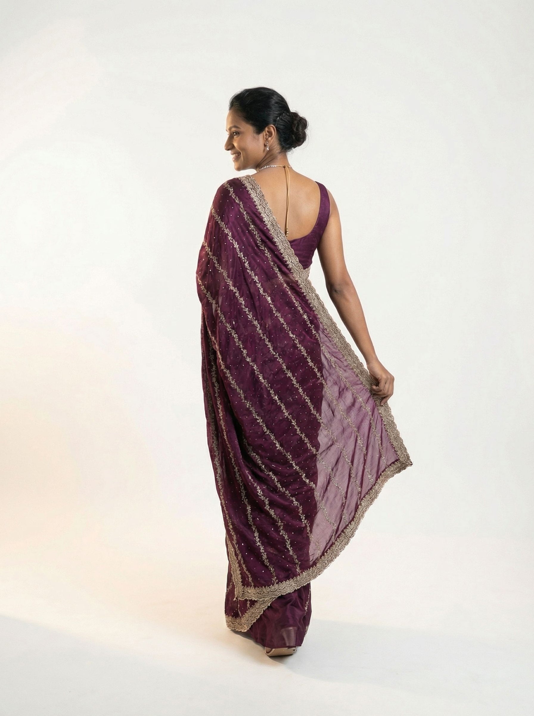 Shimmer Organza Wine Diagonal Stripe Designer Saree with Sequin Work and Embroidered Border