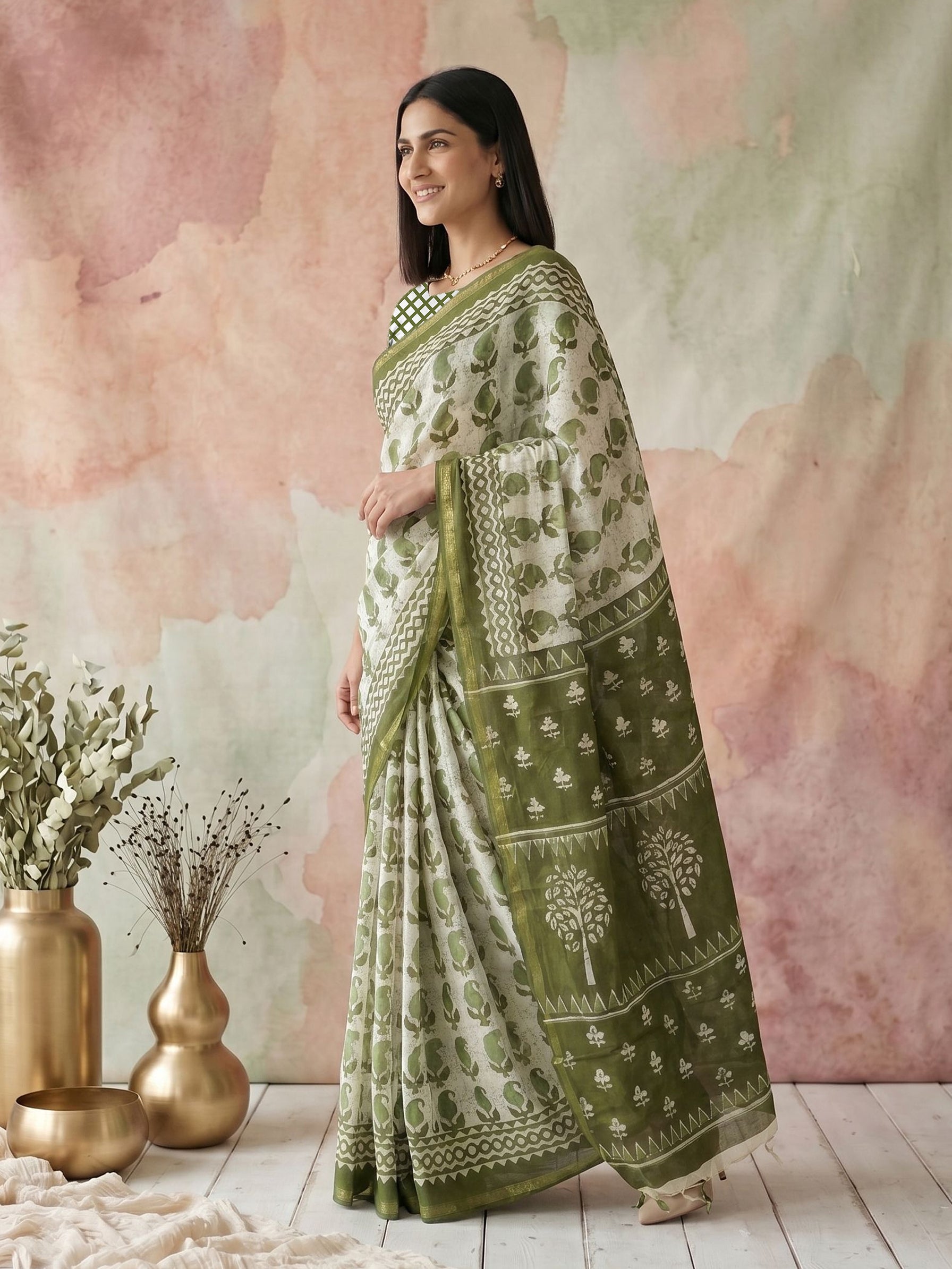 Cotton White and Green Paisley Block Print Saree