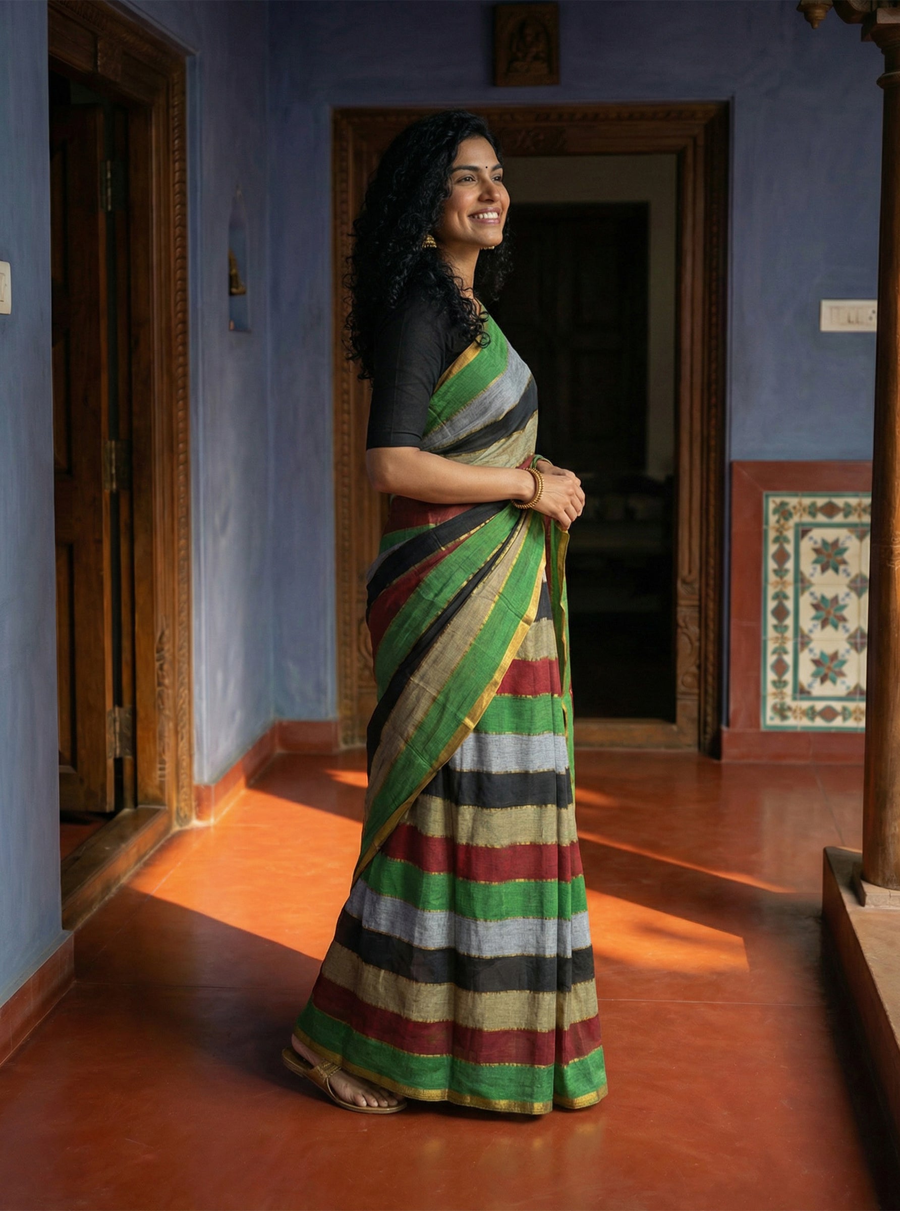 Cotton Traditional Green and Red Border Saree with Black Stripes