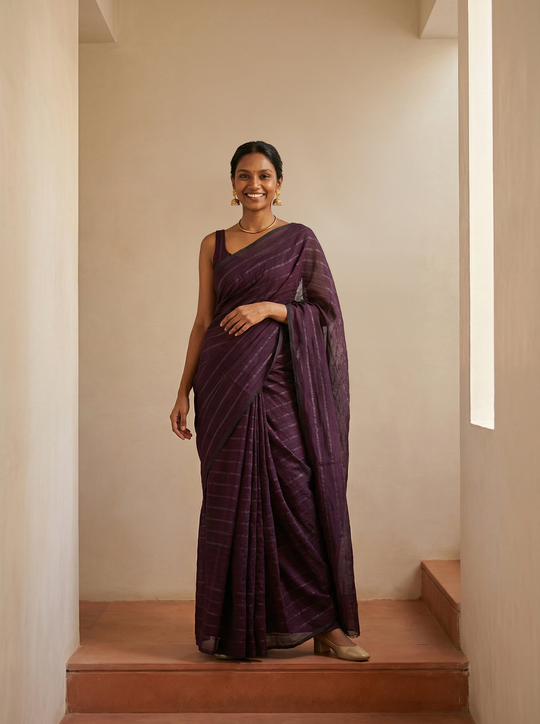 Synthetic Deep Maroon Saree with Elegant Stripe Pattern