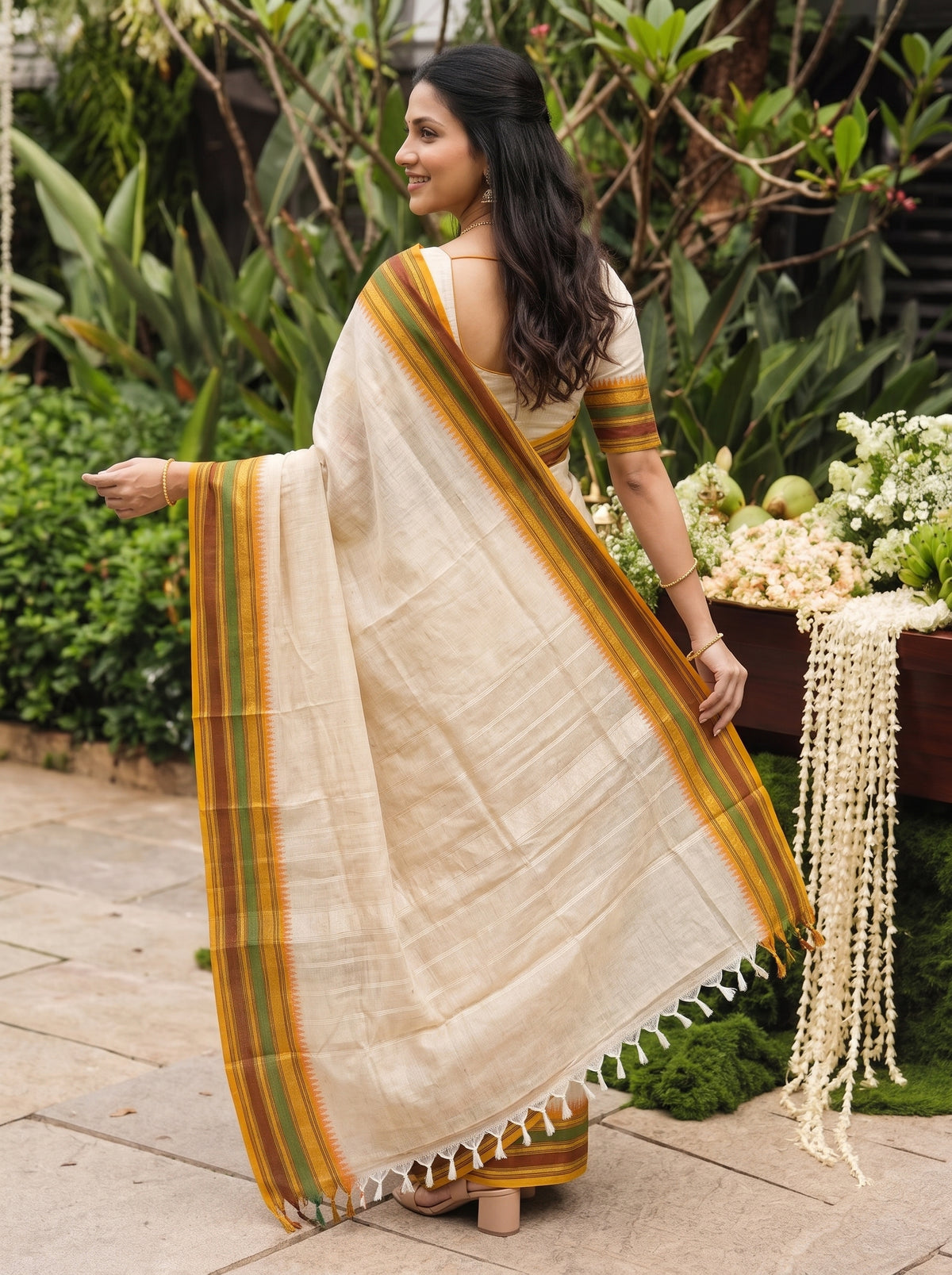 Cotton Silk Cream Golden Zari Striped Pallu Saree with Multicolor Temple Border