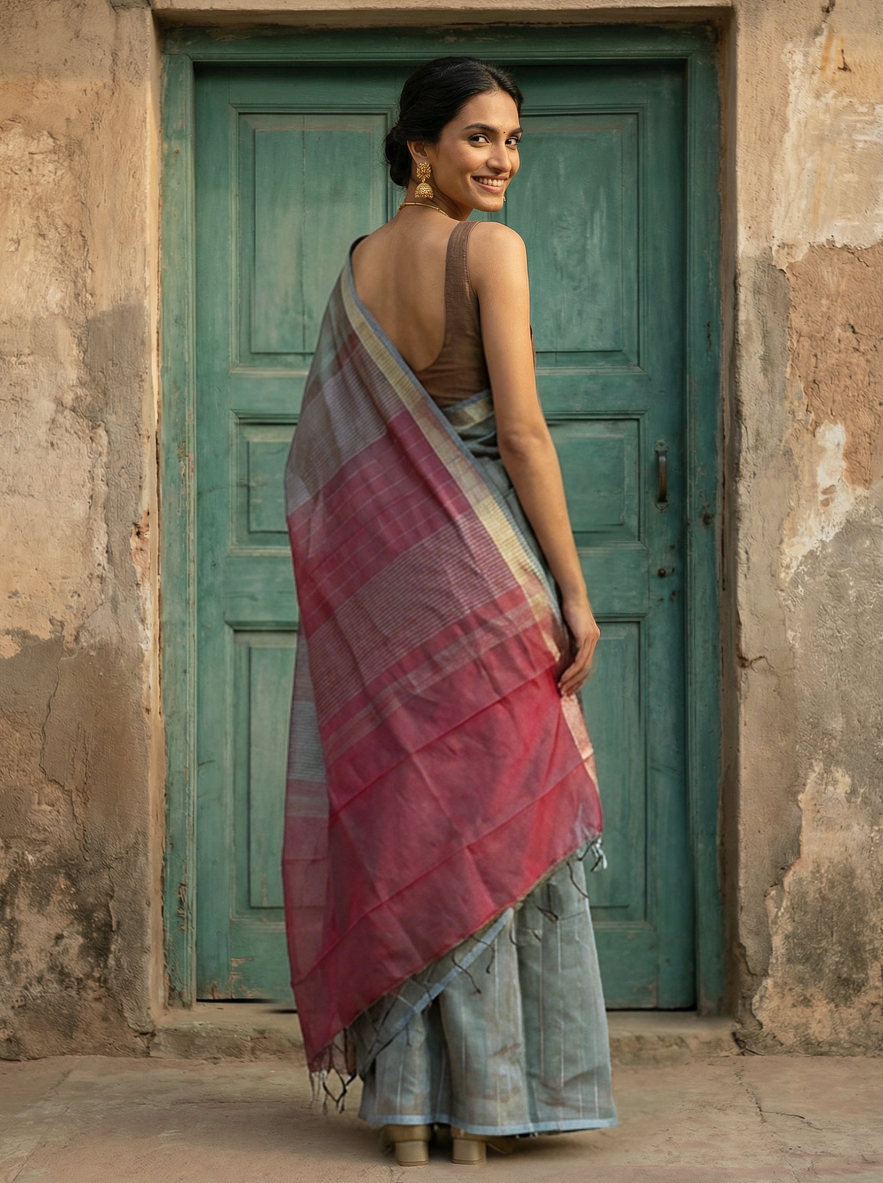 Synthetic Grey Casual Wear Saree with Fine Stripe Design