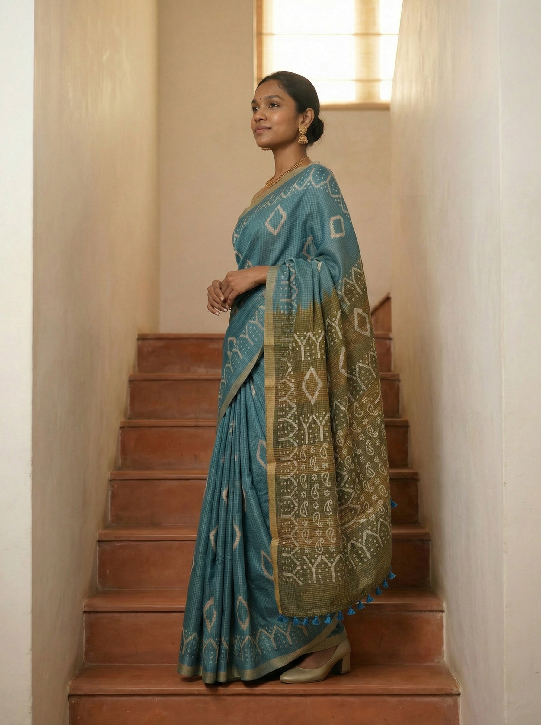 Synthetic Teal Blue Saree with Geometric Butta Design