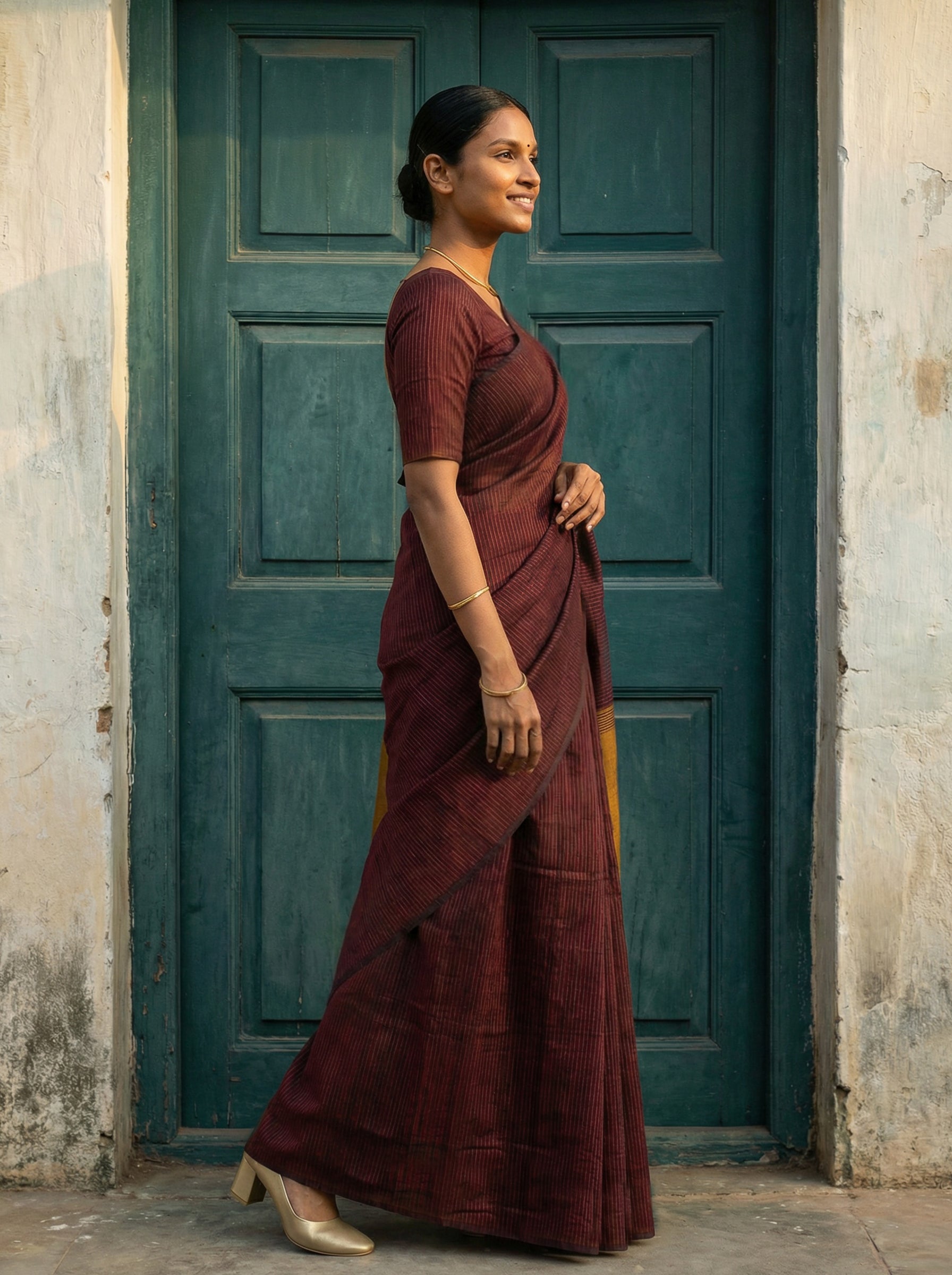 Synthetic Maroon Traditional Saree with Fine Stripe Pattern
