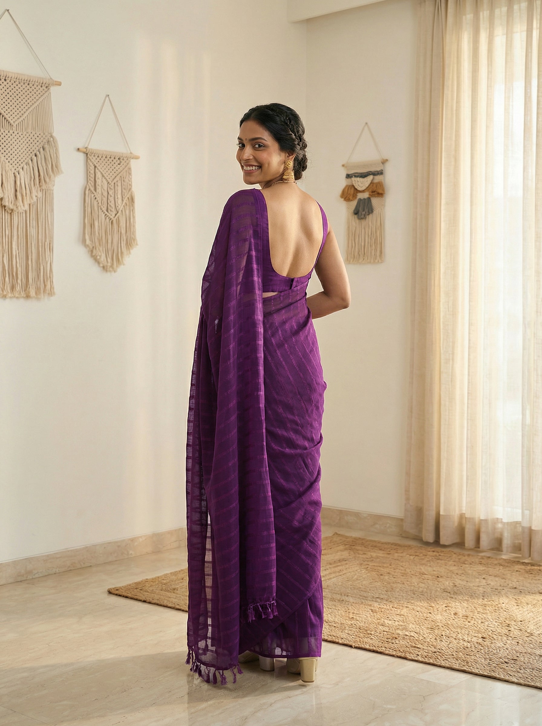Synthetic Violet Saree with Minimal Stripe Design
