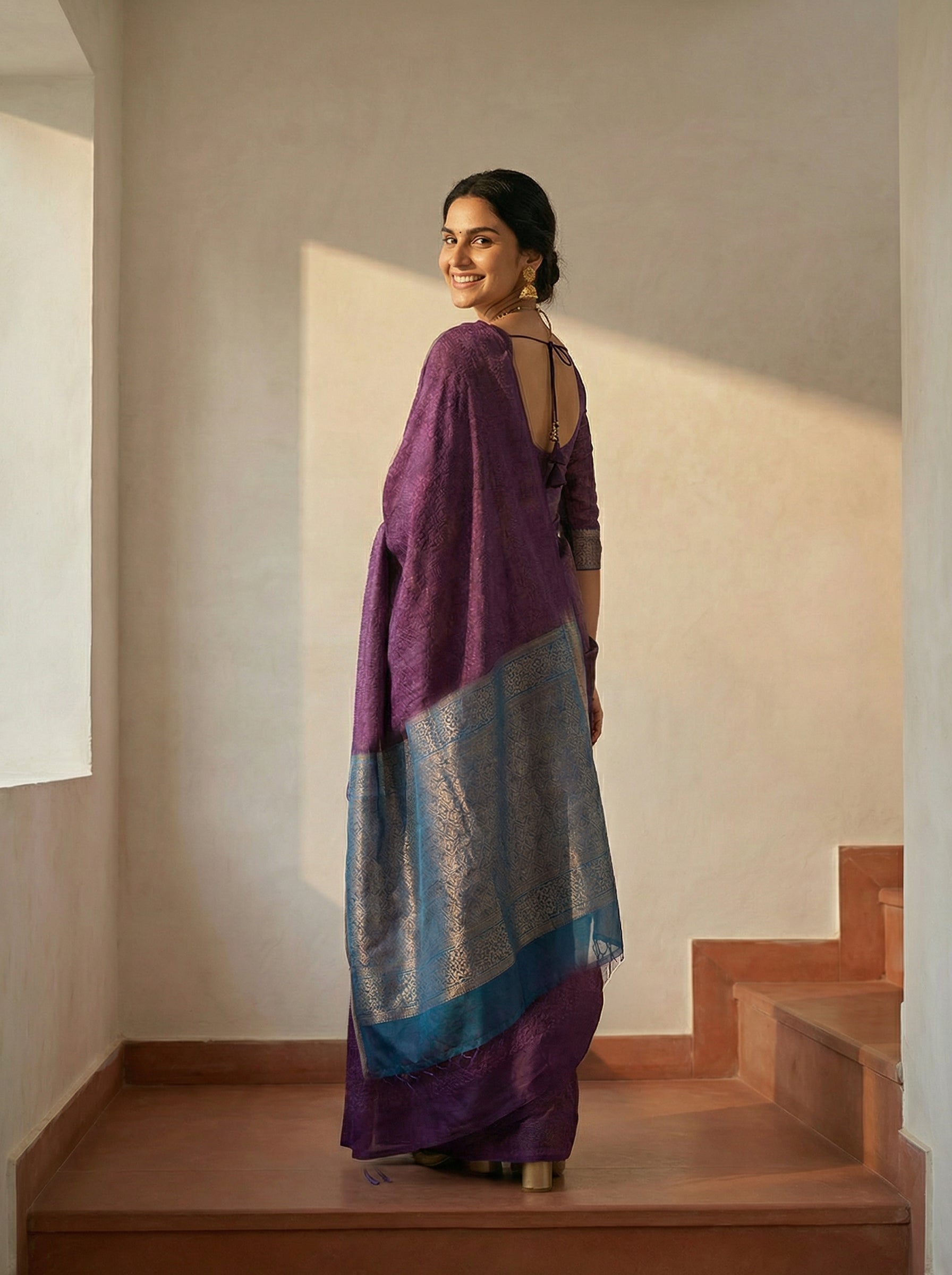 Synthetic Purple Traditional Saree with Woven Pattern