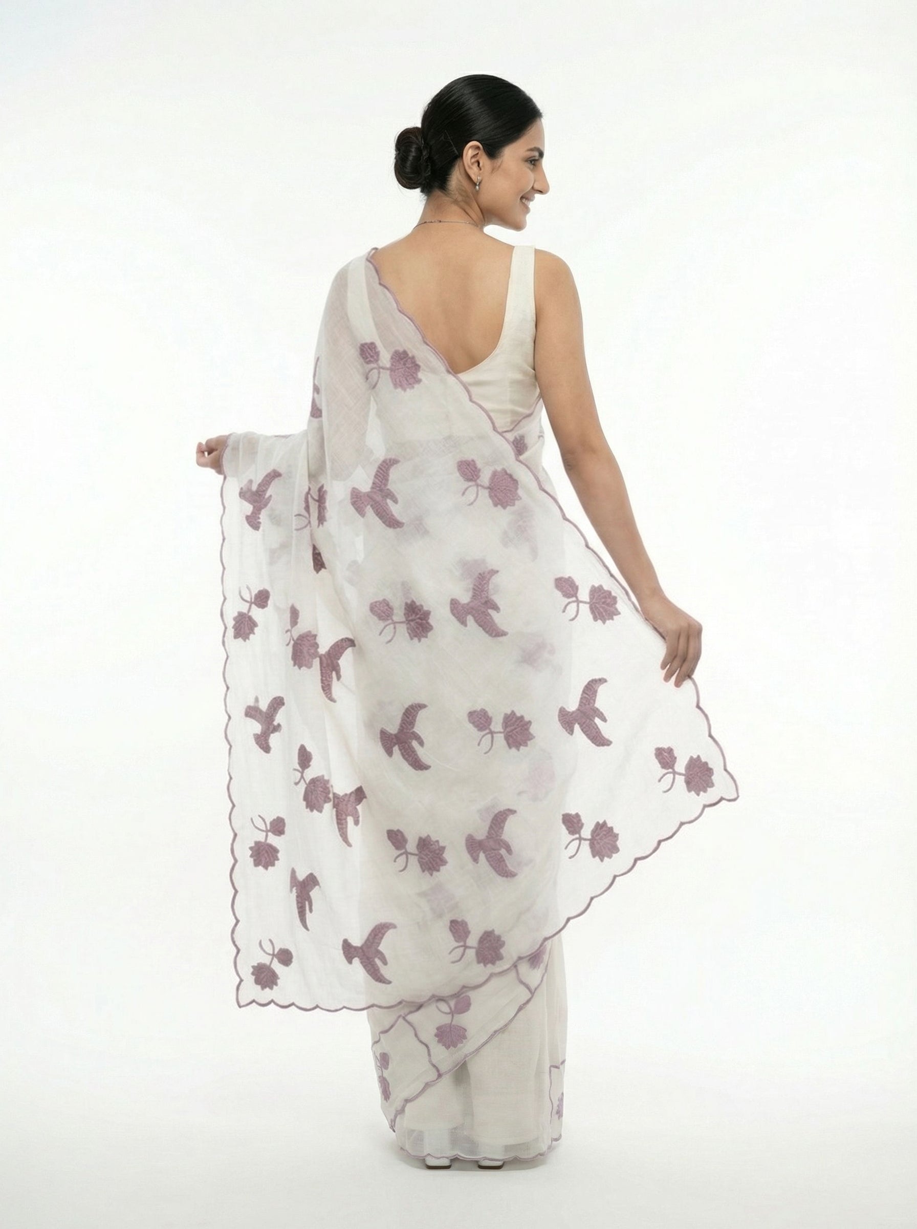 Organza Off White Floral Bird Print Designer Saree with Embroidered Border