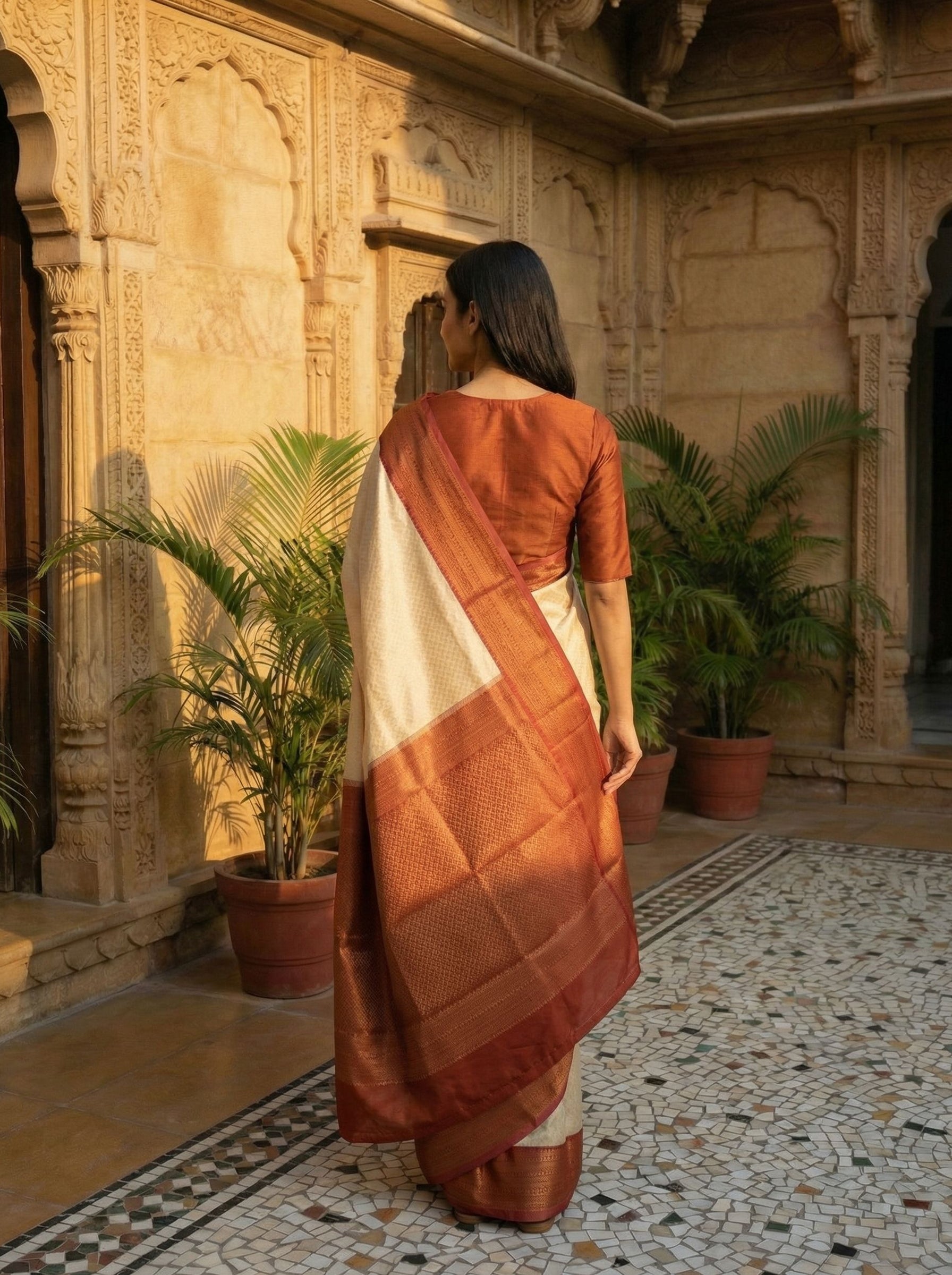 Semi Silk Off White Saree with Rich Rust Orange Border