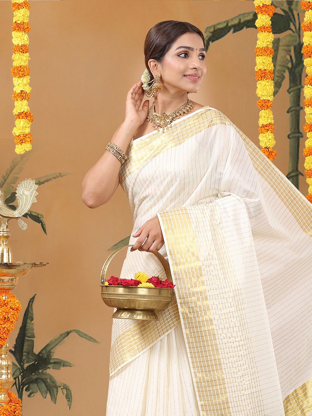 Kalyan Silks Off-White Cotton Set Saree with Vertical Stripes and White-Golden Border