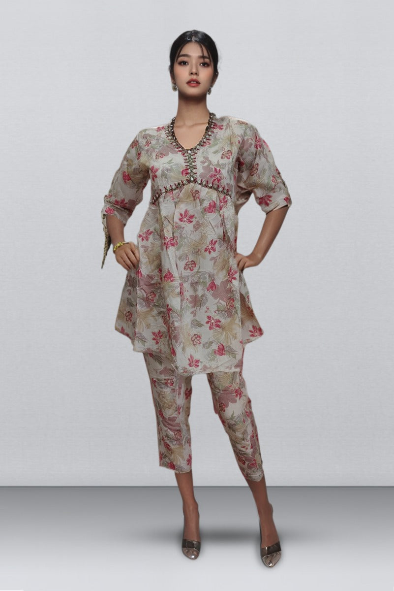 Baby Pink Color Cotton Co Ord Set With Hand Work & Printed Design.