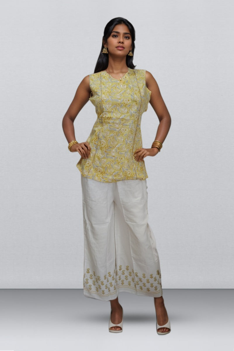 Yellow & White Color Cotton Co Ord Set With Floral Print Design