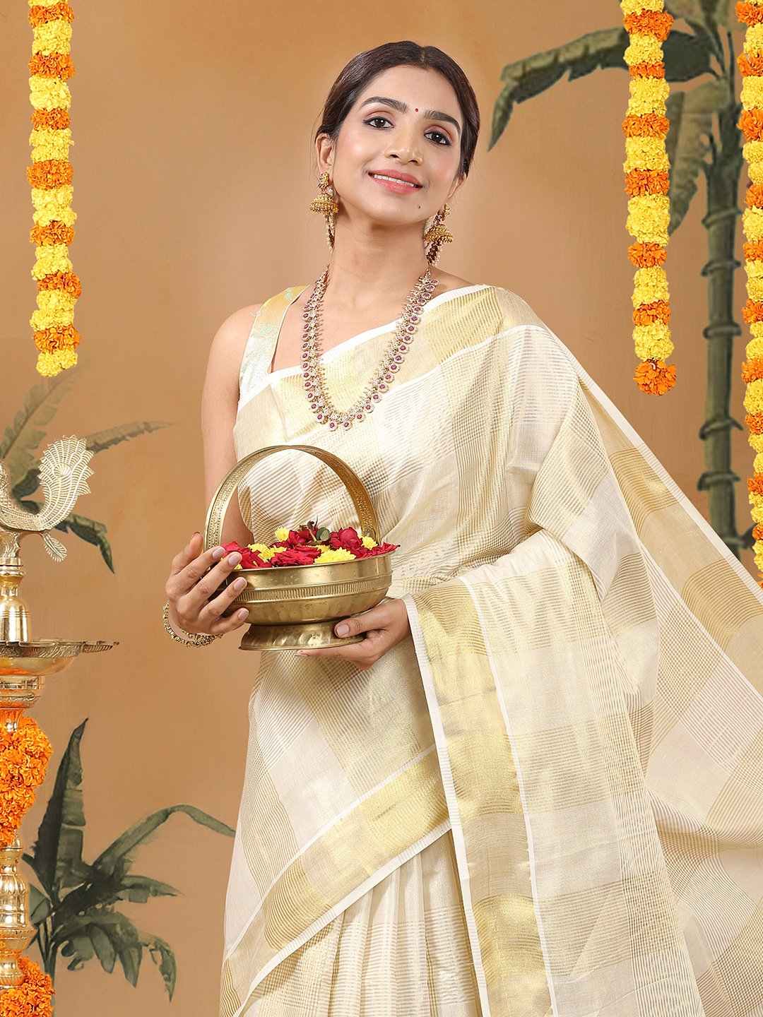 Tissue  Golden Set Saree with Green Kasavu Pallu & Alternating Stripes & Checks