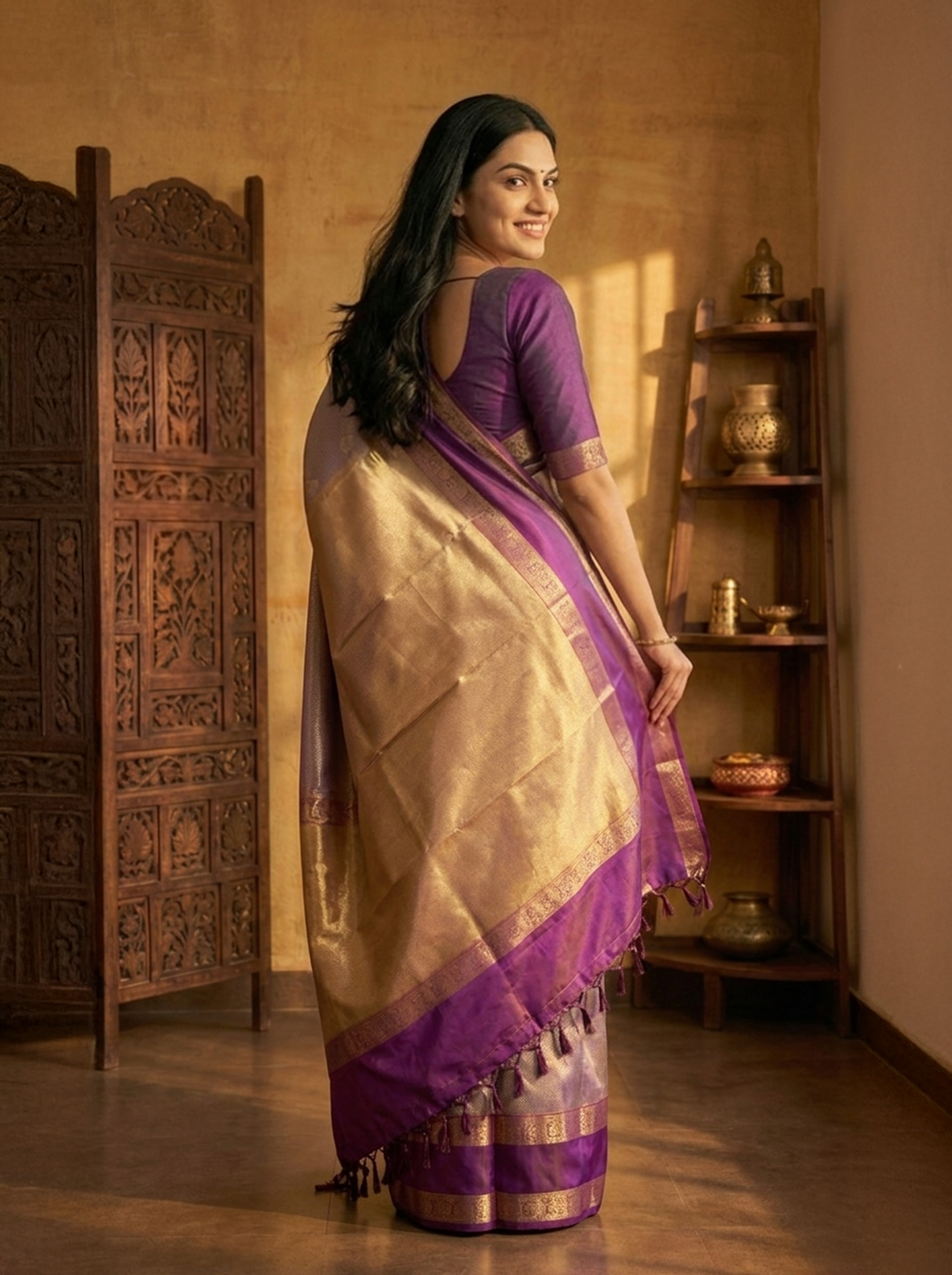 Semi Silk Violet Saree with Luxurious Woven Pallu Design