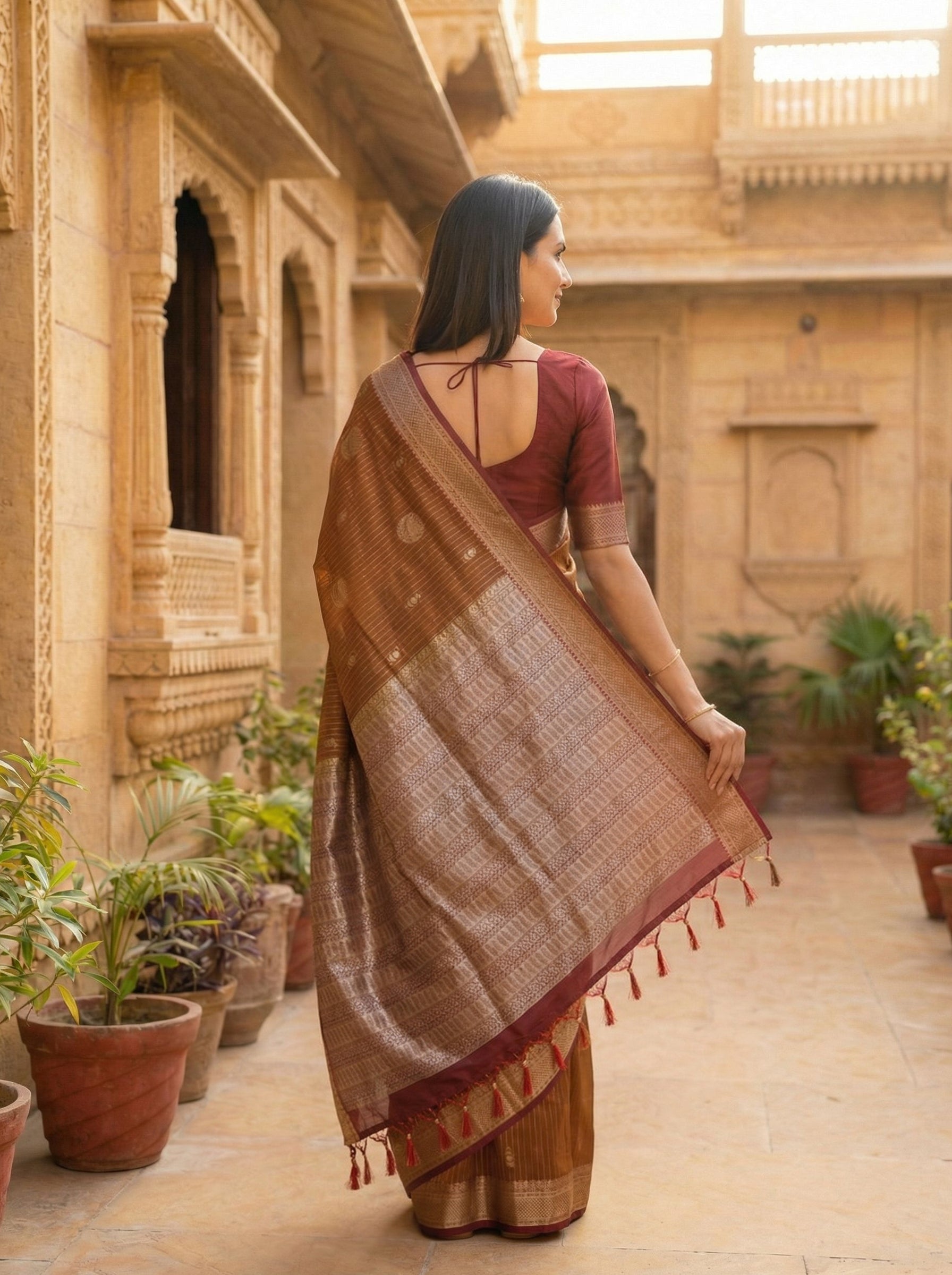 Semi Silk Rust Brown Traditional Weave Saree