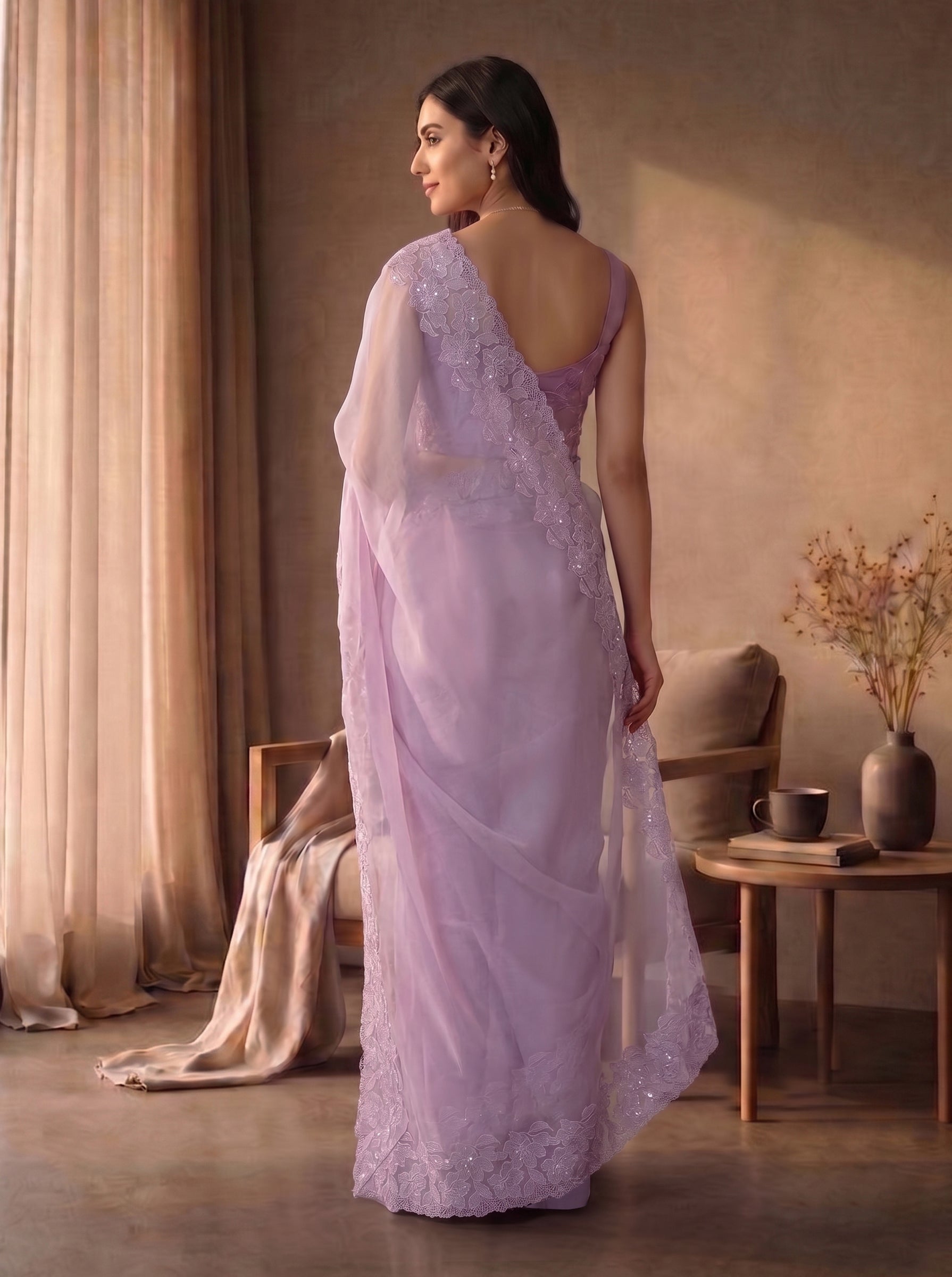 Organza Lilac Purple Plain Saree with Tone-on-Tone Floral Lace Border & Sequin Embellishment