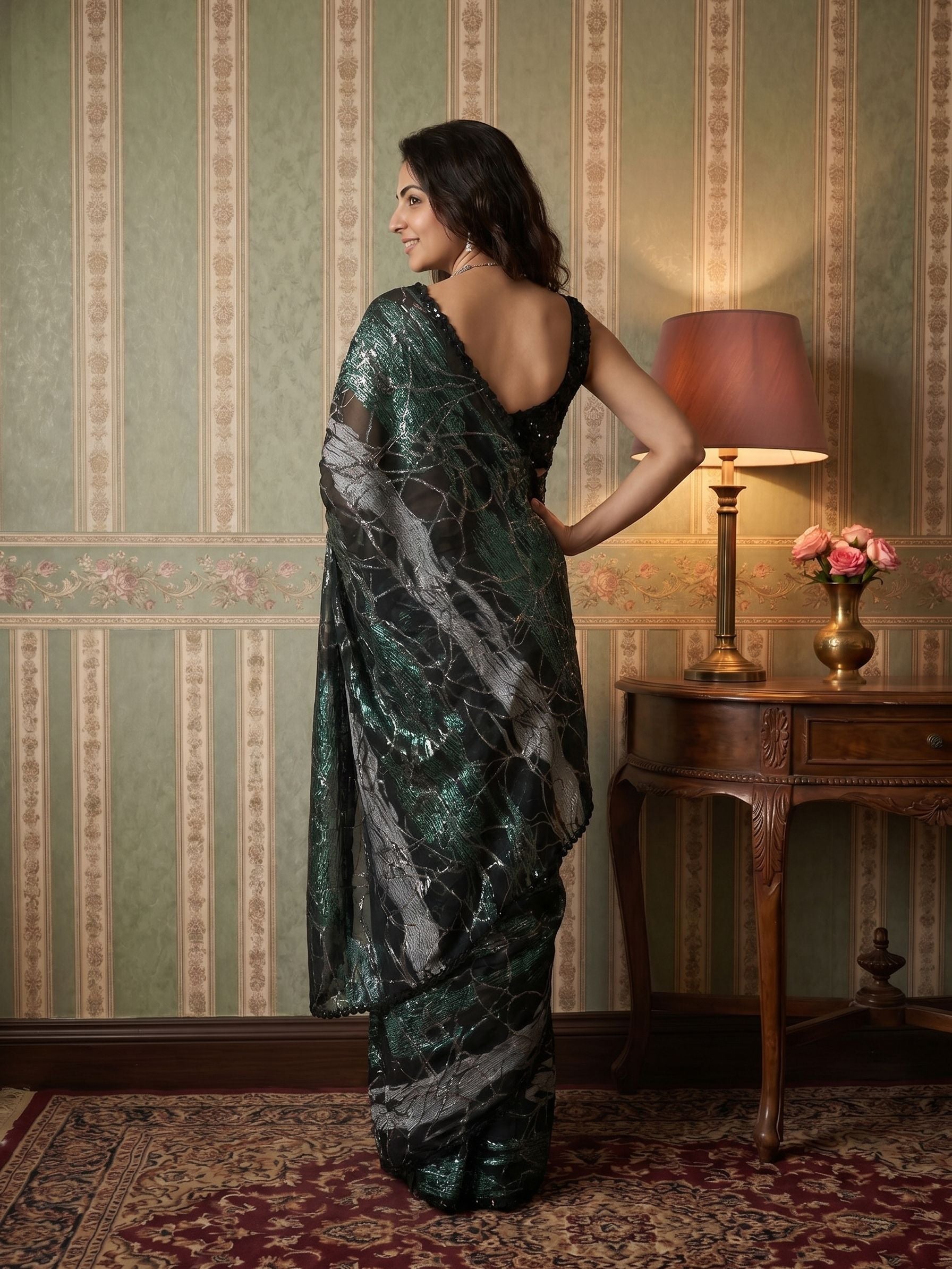 Turkish Organza  Black Saree with Abstract Metallic Pattern and Emerald Green Designer Weaving