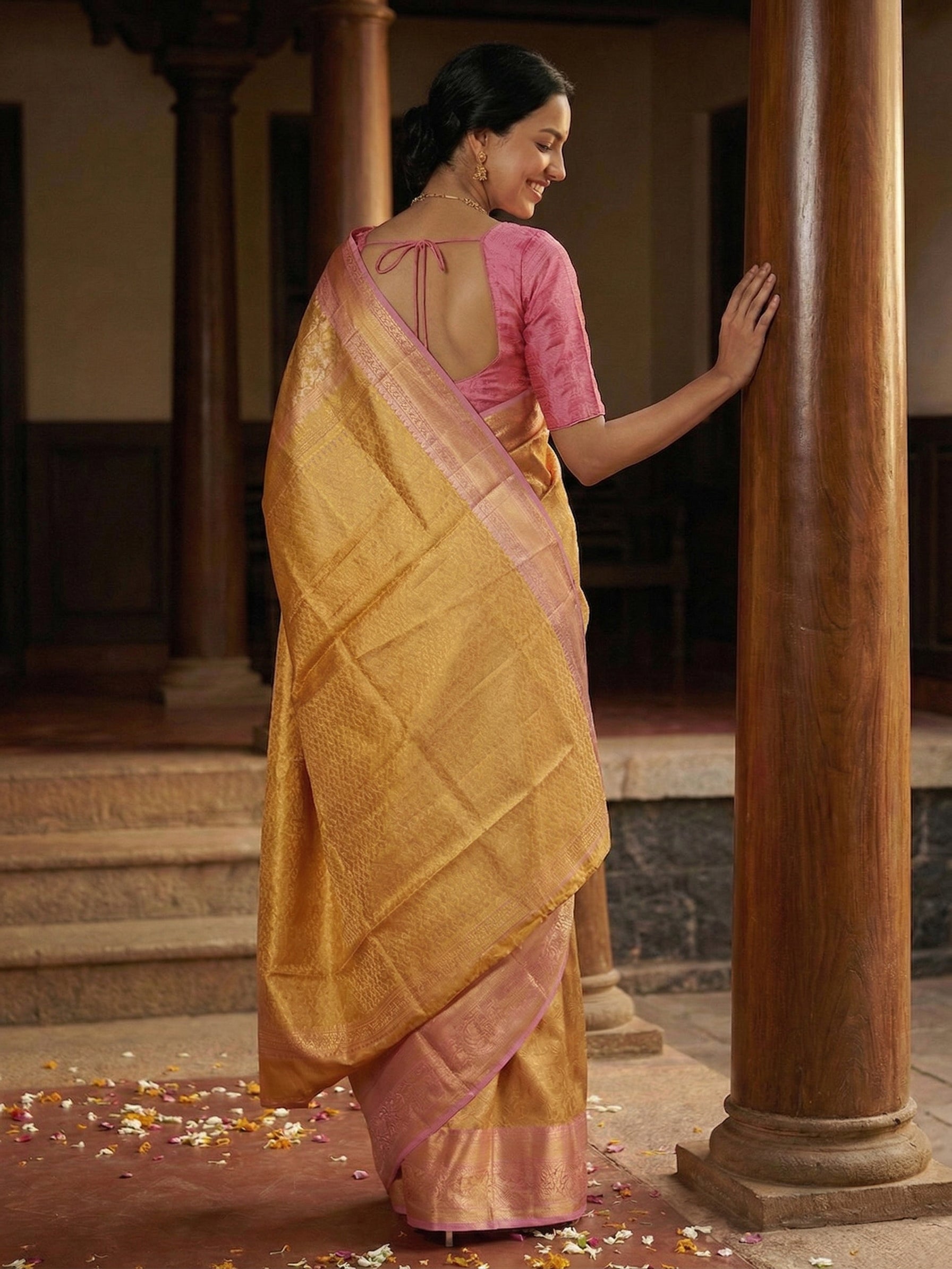 Kanjivaram silk Honey Gold and Pastel Pink Saree with Self-Design Jaal and Zari Border
