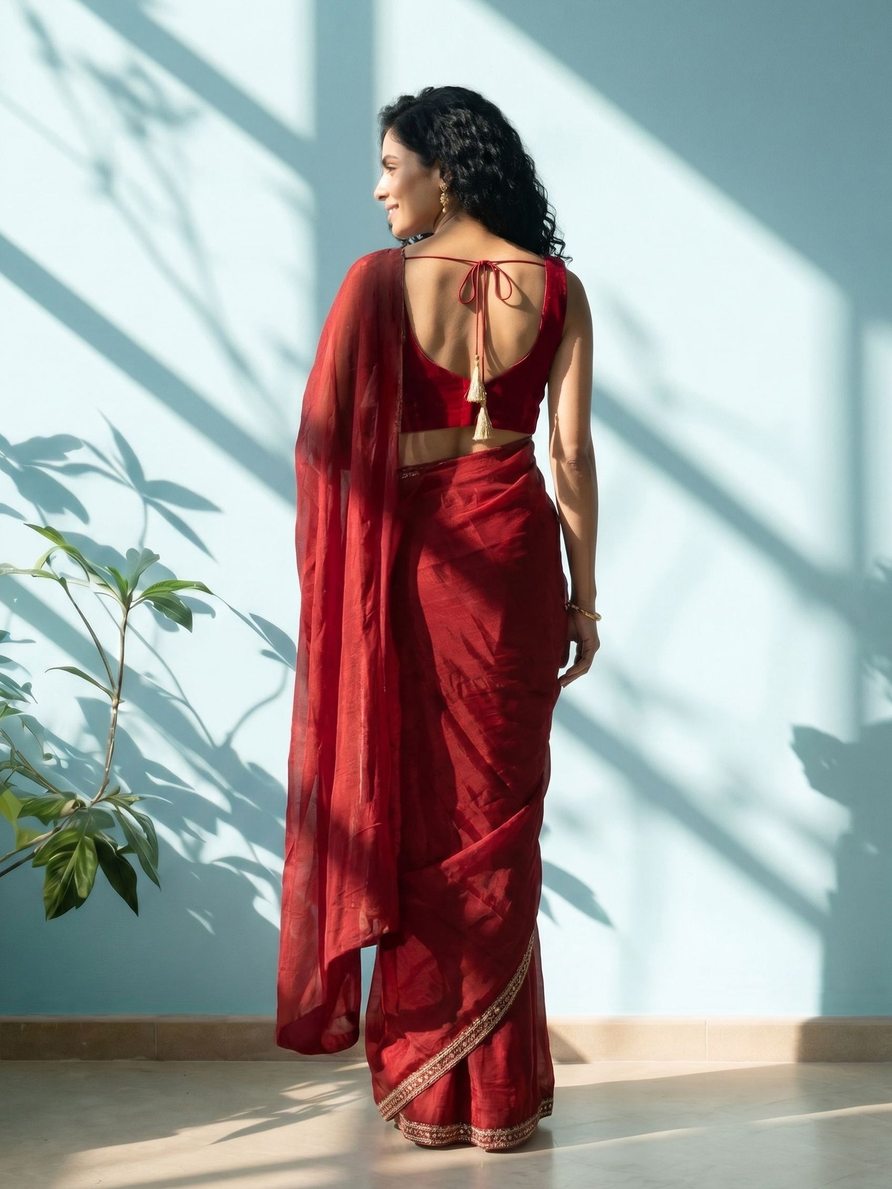 Organza Silk Ruby Red Embroidered Border Ready to Wear Saree
