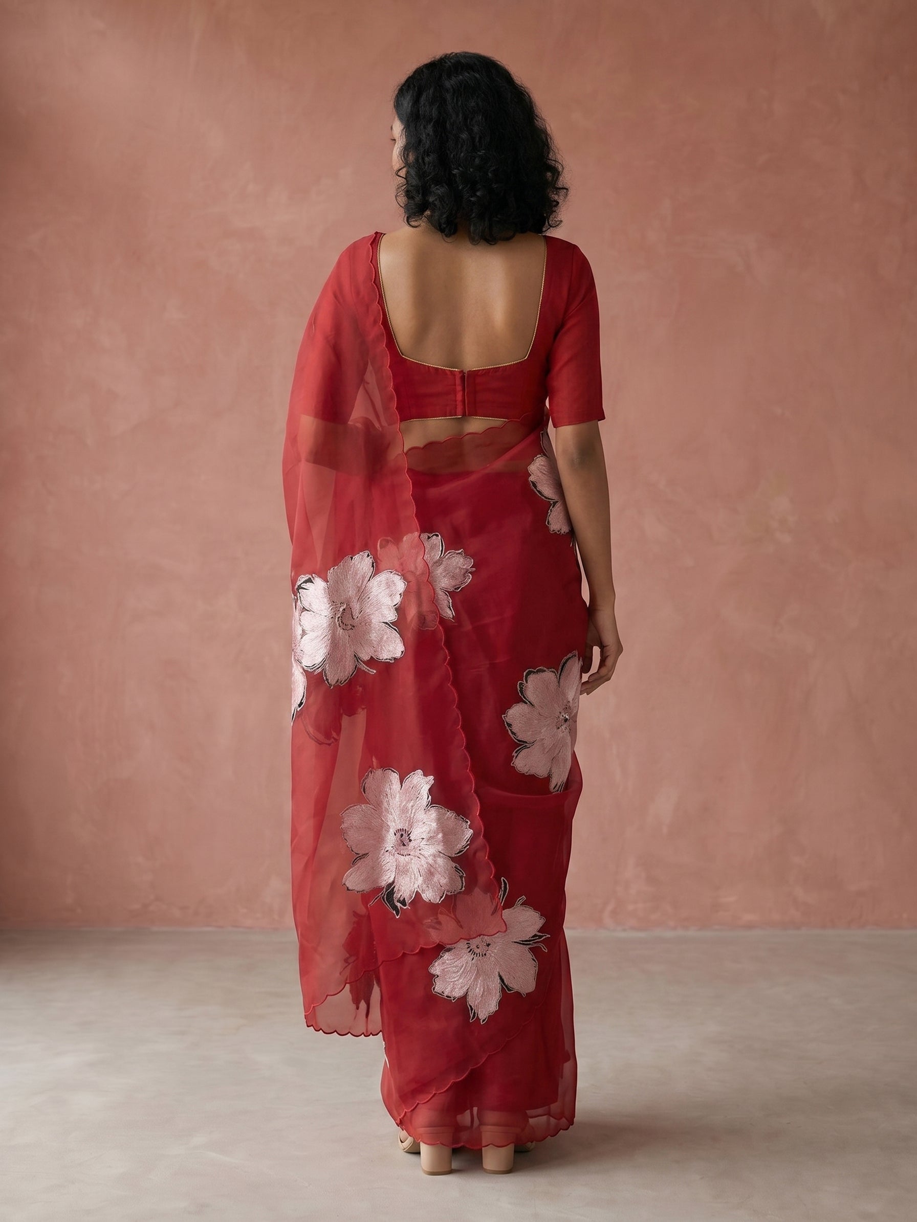 Turkish Organza Crimson Red Large Floral Appliqué Saree with Blush Pink Motifs & Scalloped Border