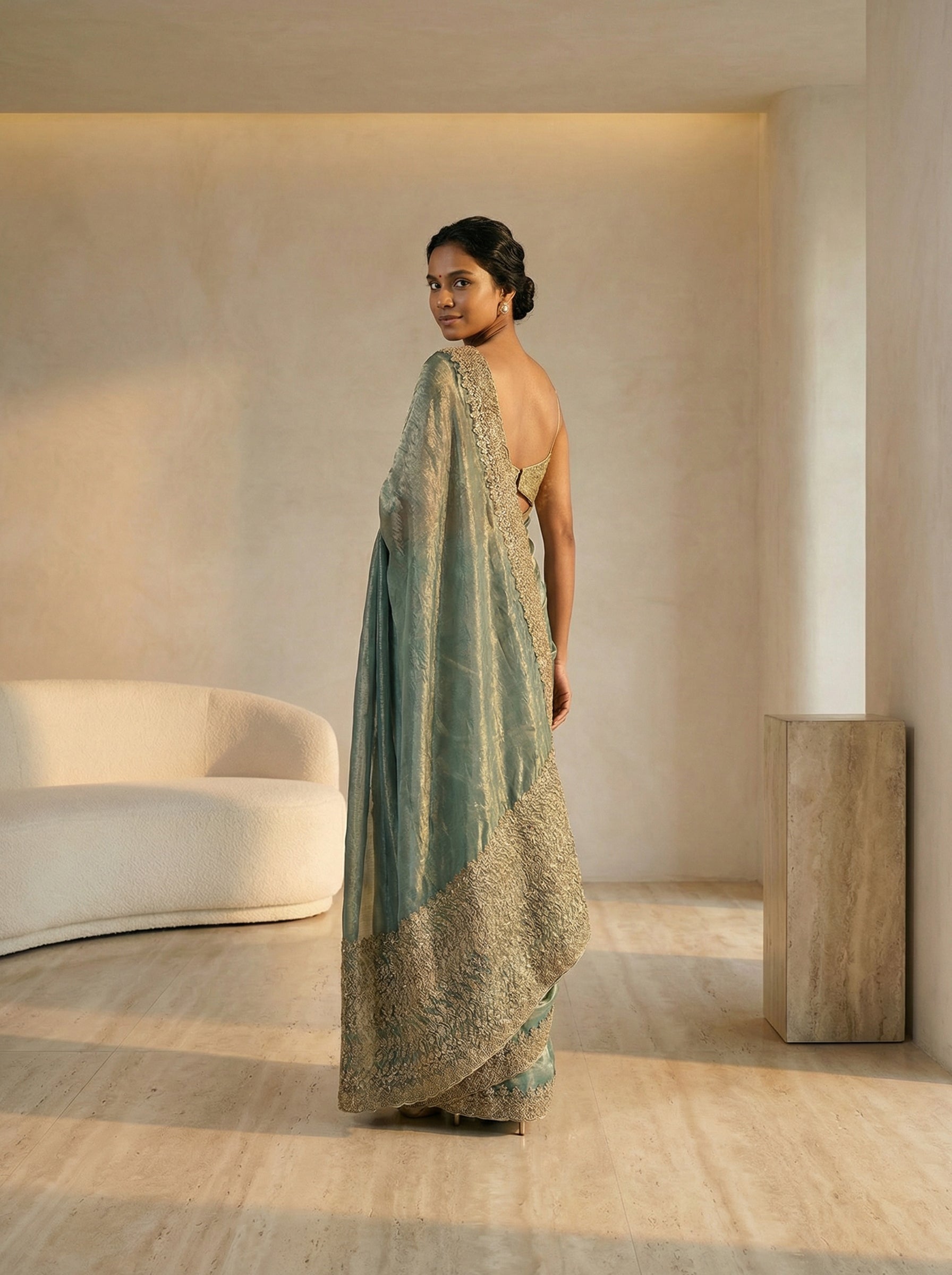 Organza Sage Green Border Designer Saree