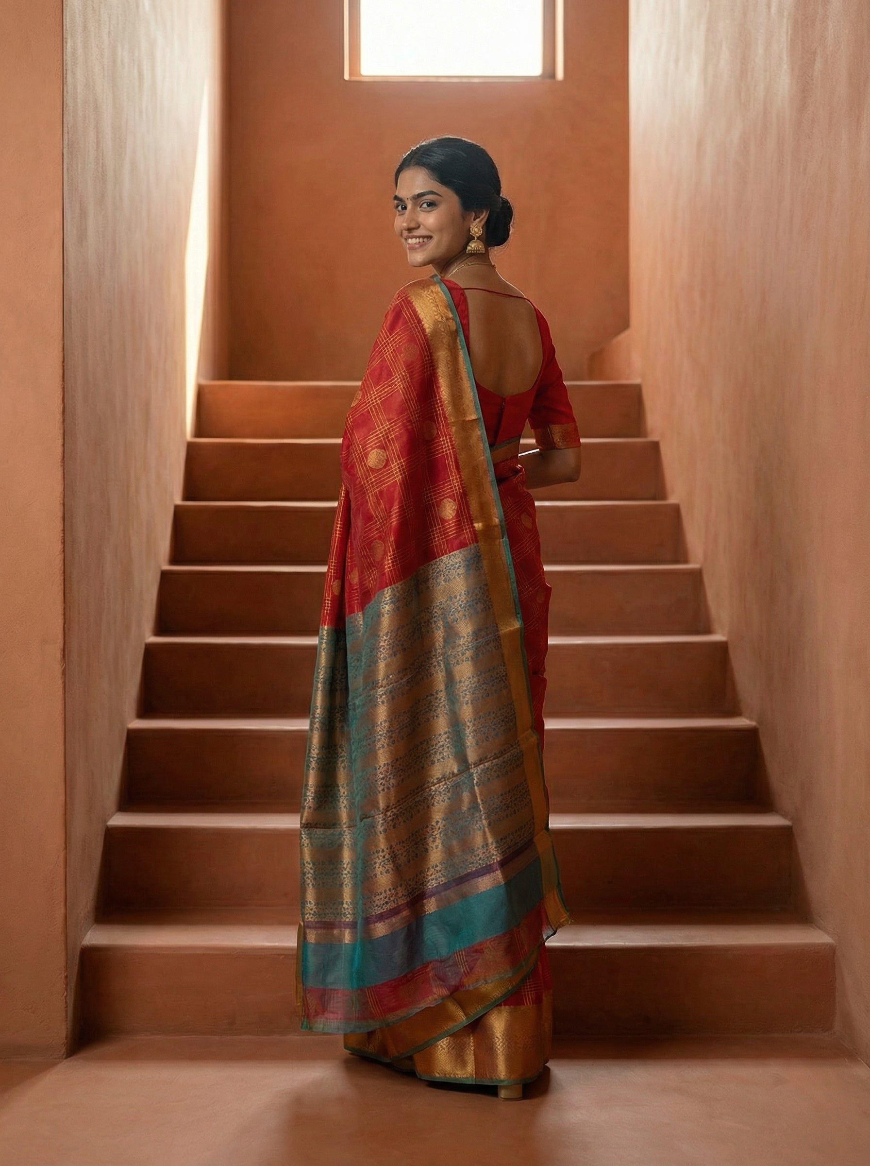 Synthetic Red Elegant Saree with Check Pattern and Zari Pallu