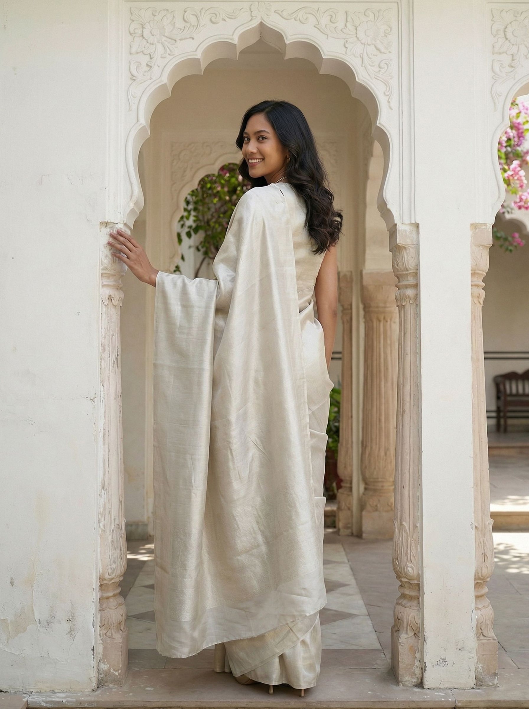 Kanjivaram Silk Ivory Self Design Festive Saree