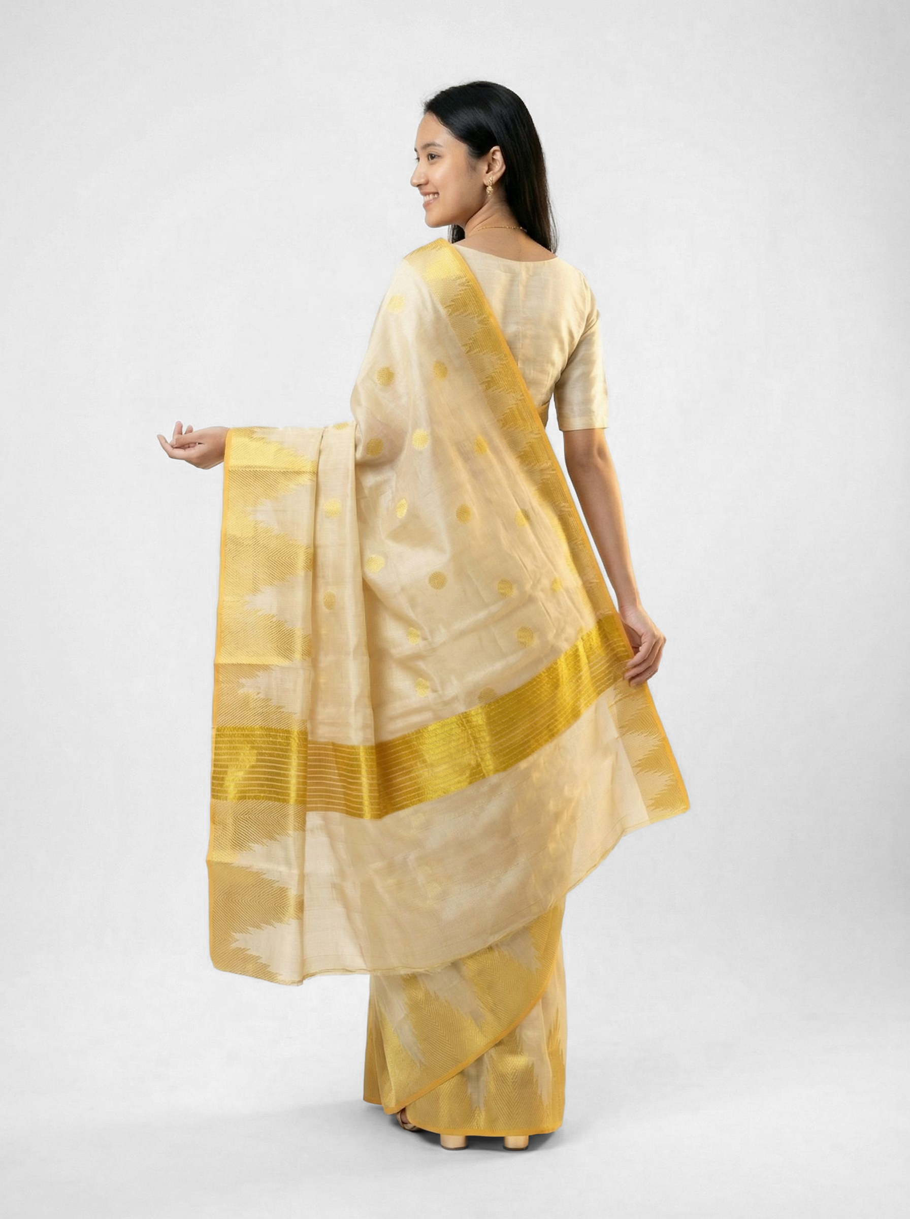 Cotton Cream Saree with Yellow Polka Dot Motifs and Geometric Woven Border