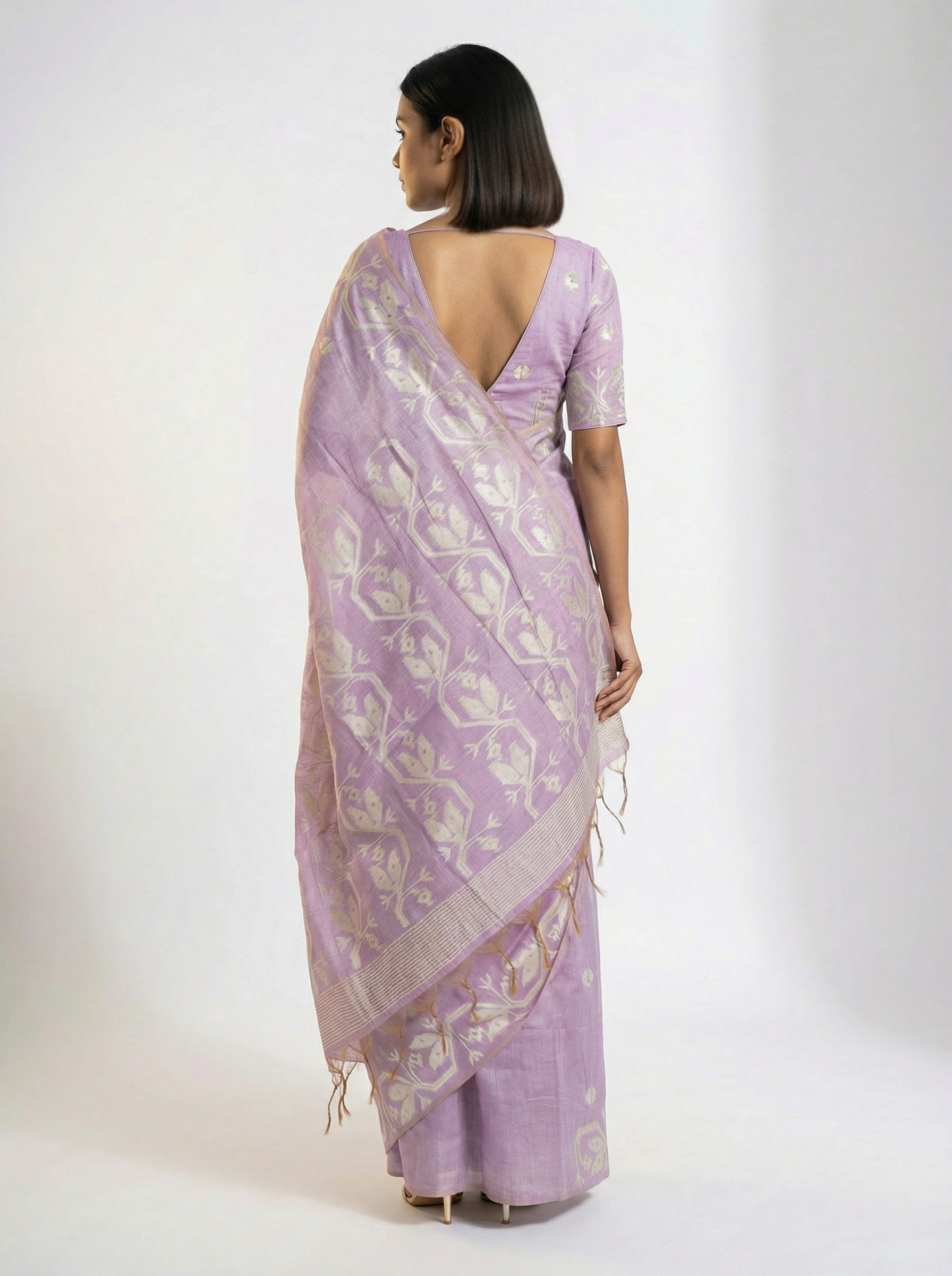 Semi Chanderi Lavender Saree with Small Butta Pattern Blouse