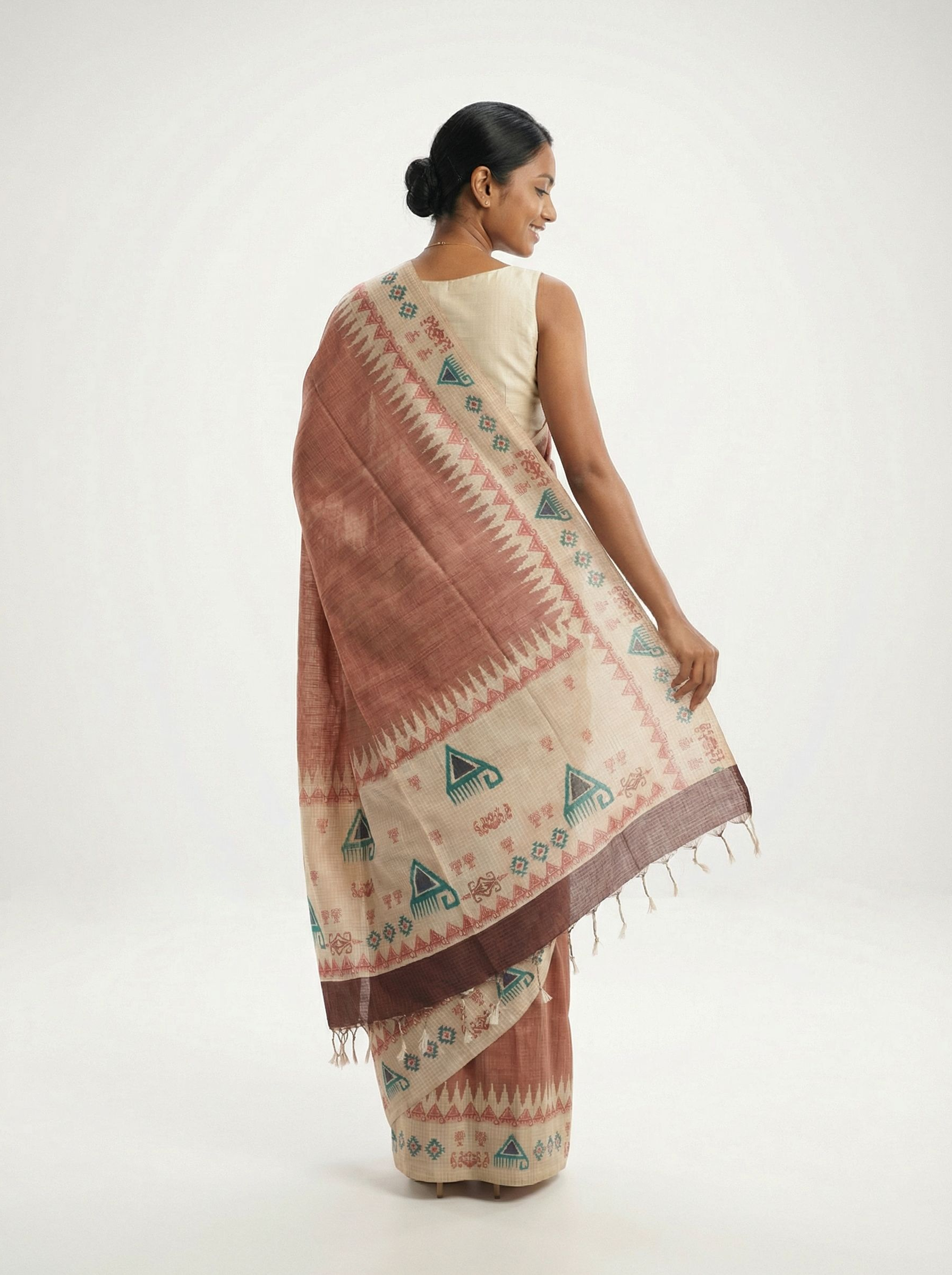 Chanderi Cotton Rust Brown Tribal Border Saree