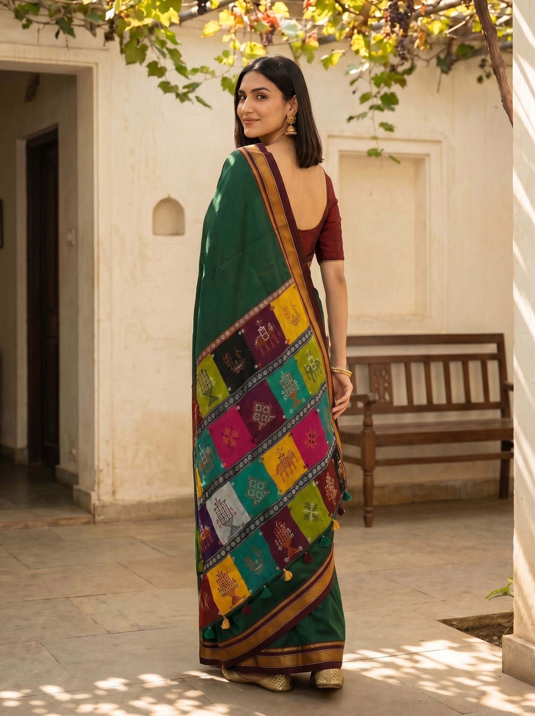 Cotton Forest Green Traditional Patola Border Saree