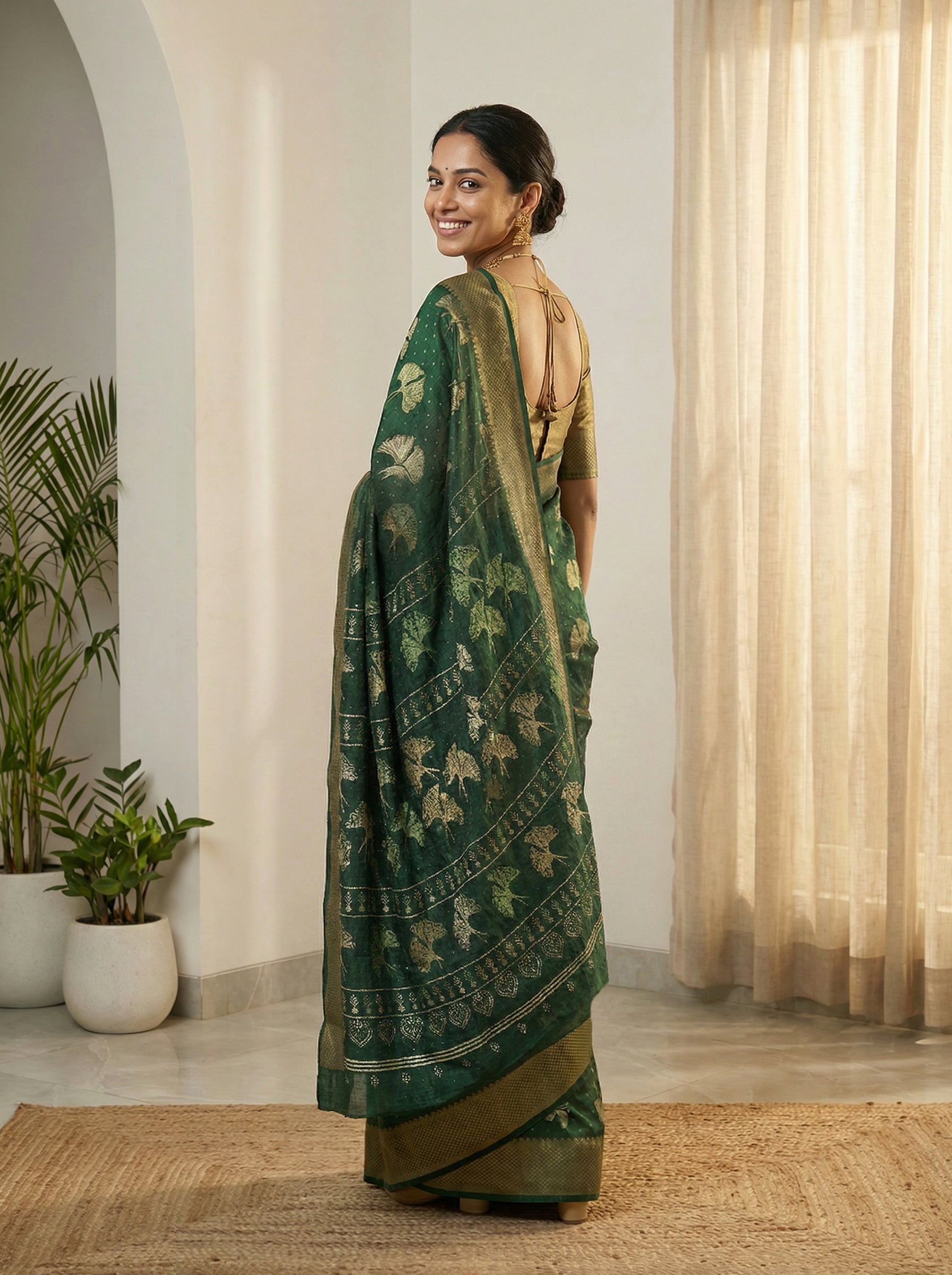 Synthetic Green Festive Saree with Floral Motifs