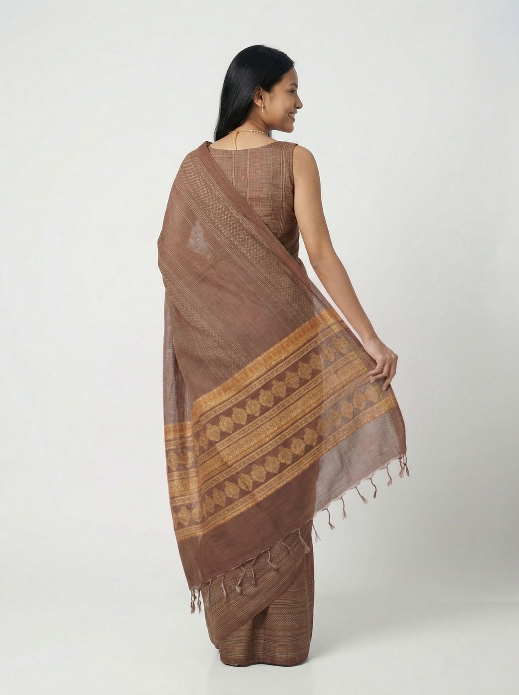 Chanderi Cotton Brown Woven Stripe Saree